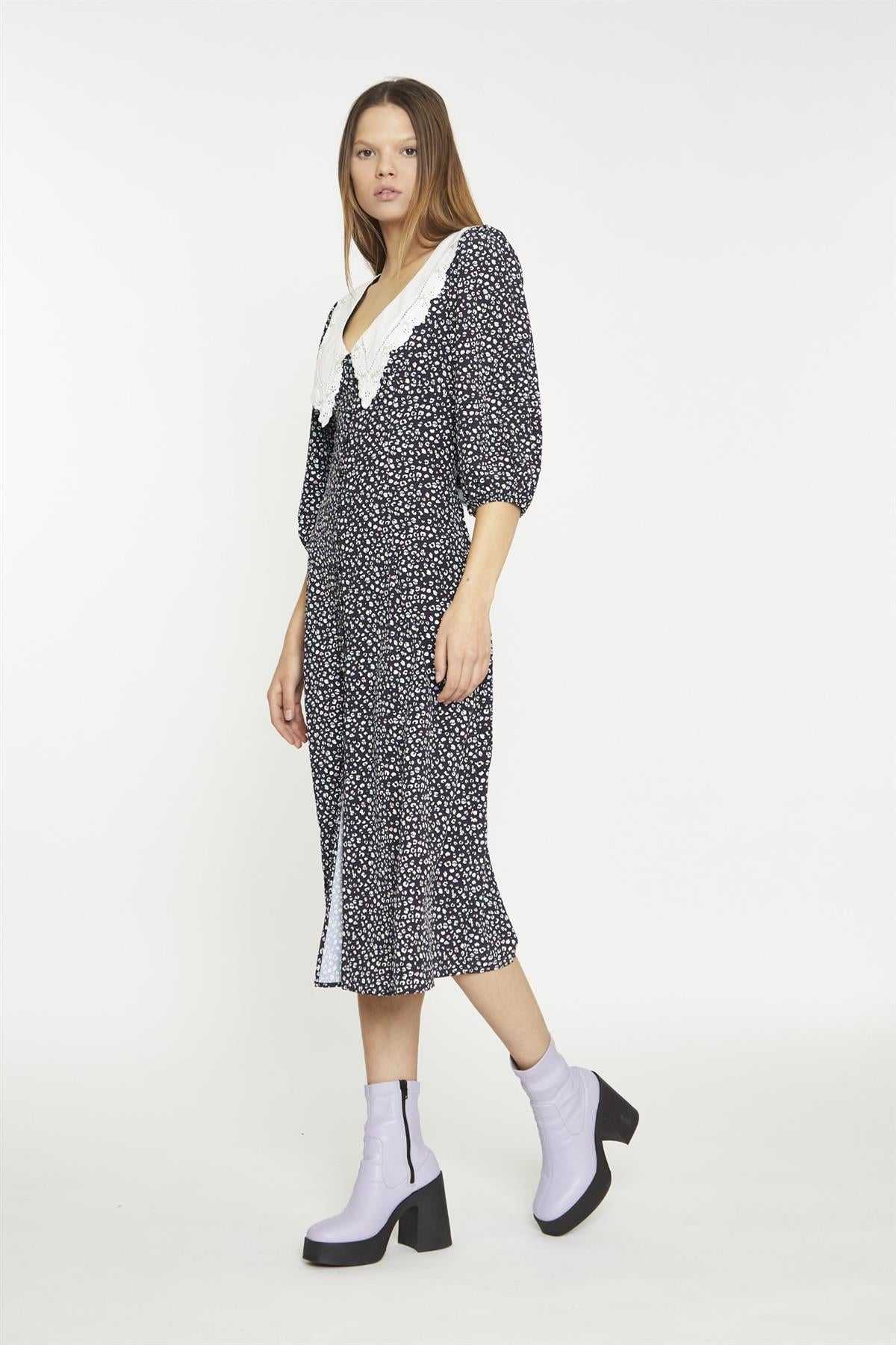 Black-Mini-Leopard-White Contrast-Collar Midi-Dress