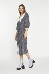 Black-Mini-Leopard-White Contrast-Collar Midi-Dress