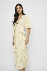 Yellow-Pink-Rose V-Neck-Wrap Midi-Dress