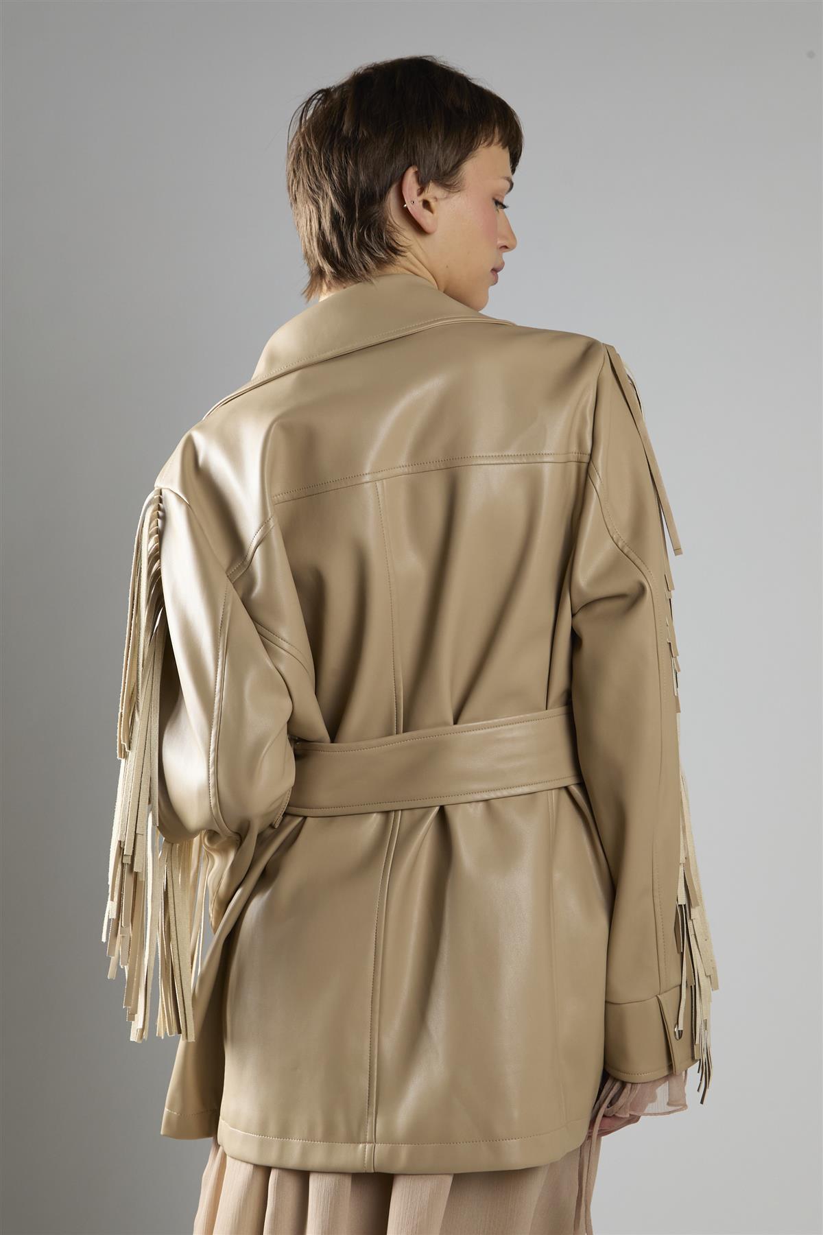 Sand Pu Belted Fringe Longline Jacket