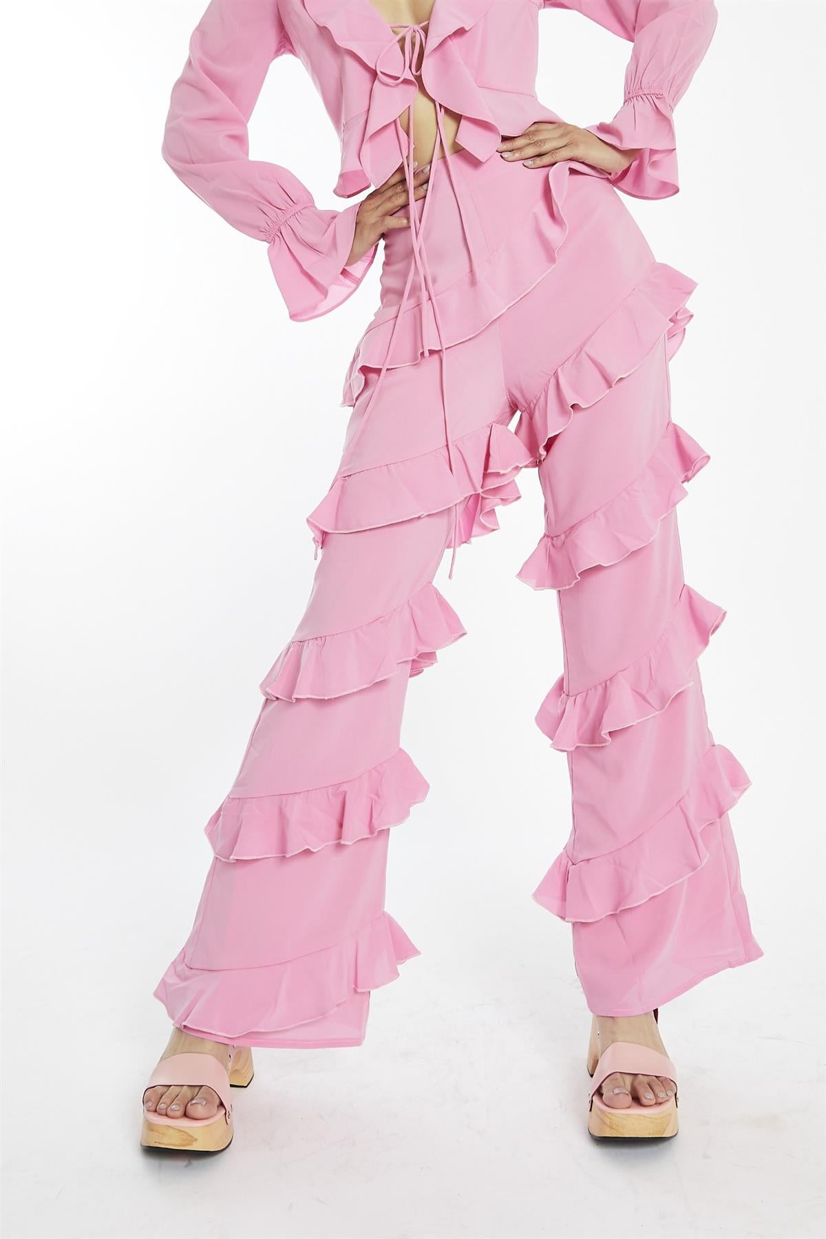 Candy Pink Asymmetric Ruffle Flared Trousers