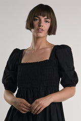 Black Shirred-Front Midi-Dress