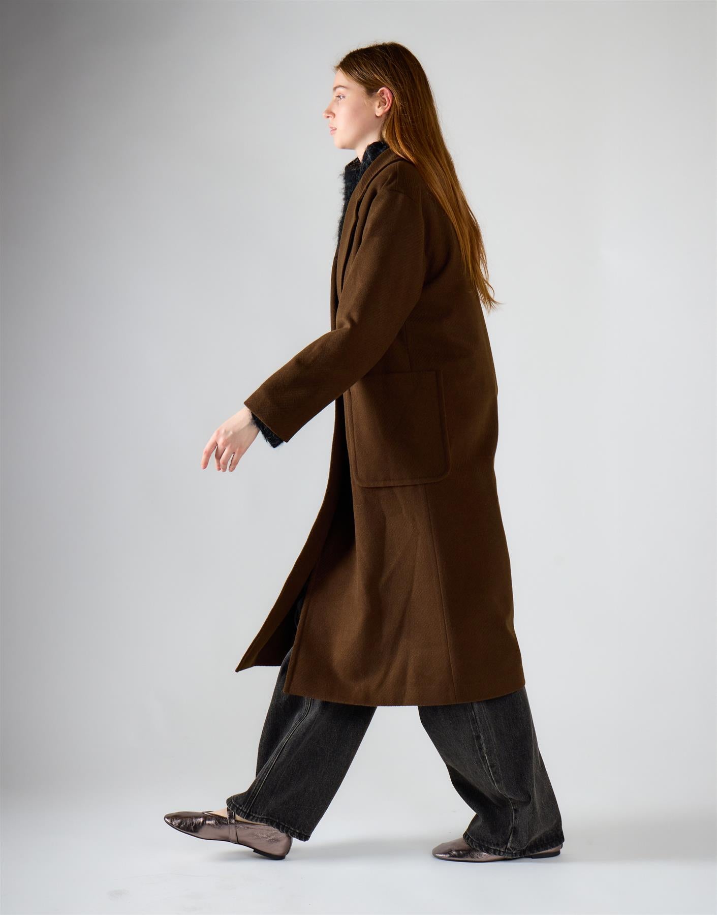 Chocolate Brown Lapel Collar Midi Coat