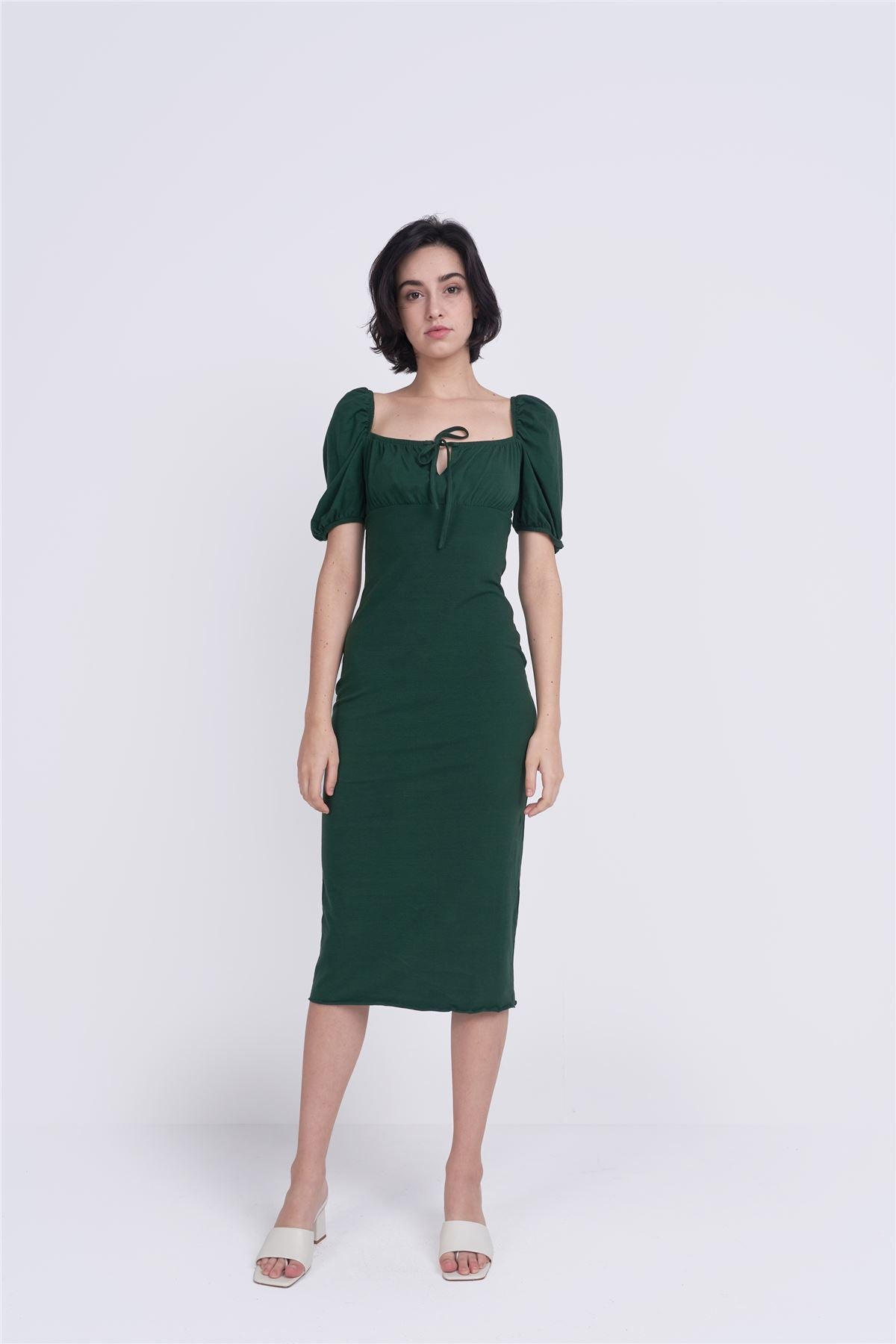Forest Green Tie Front Midi Dress