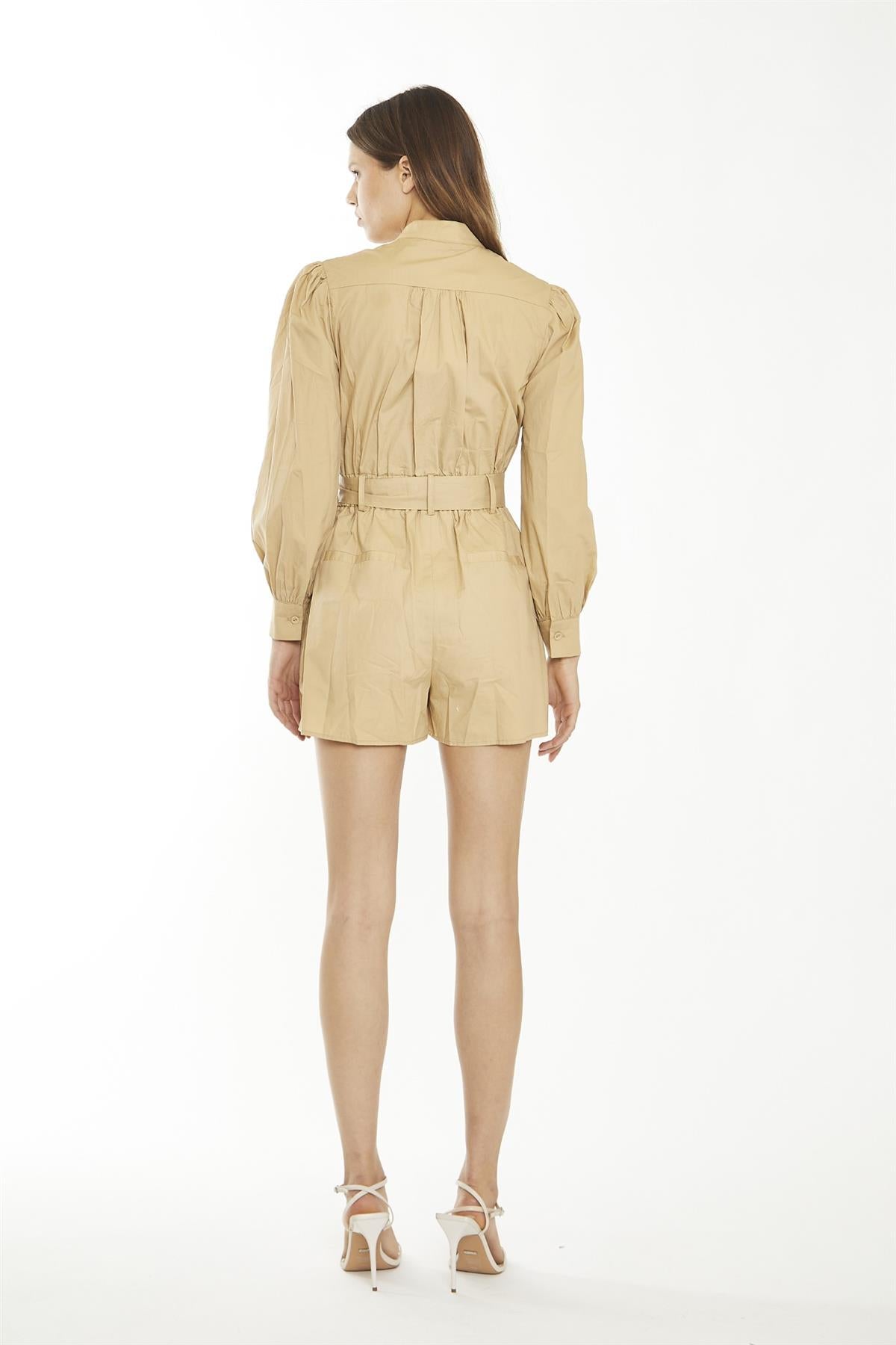 Beige-Sand Belted Long Puff Sleeve-Playsuit