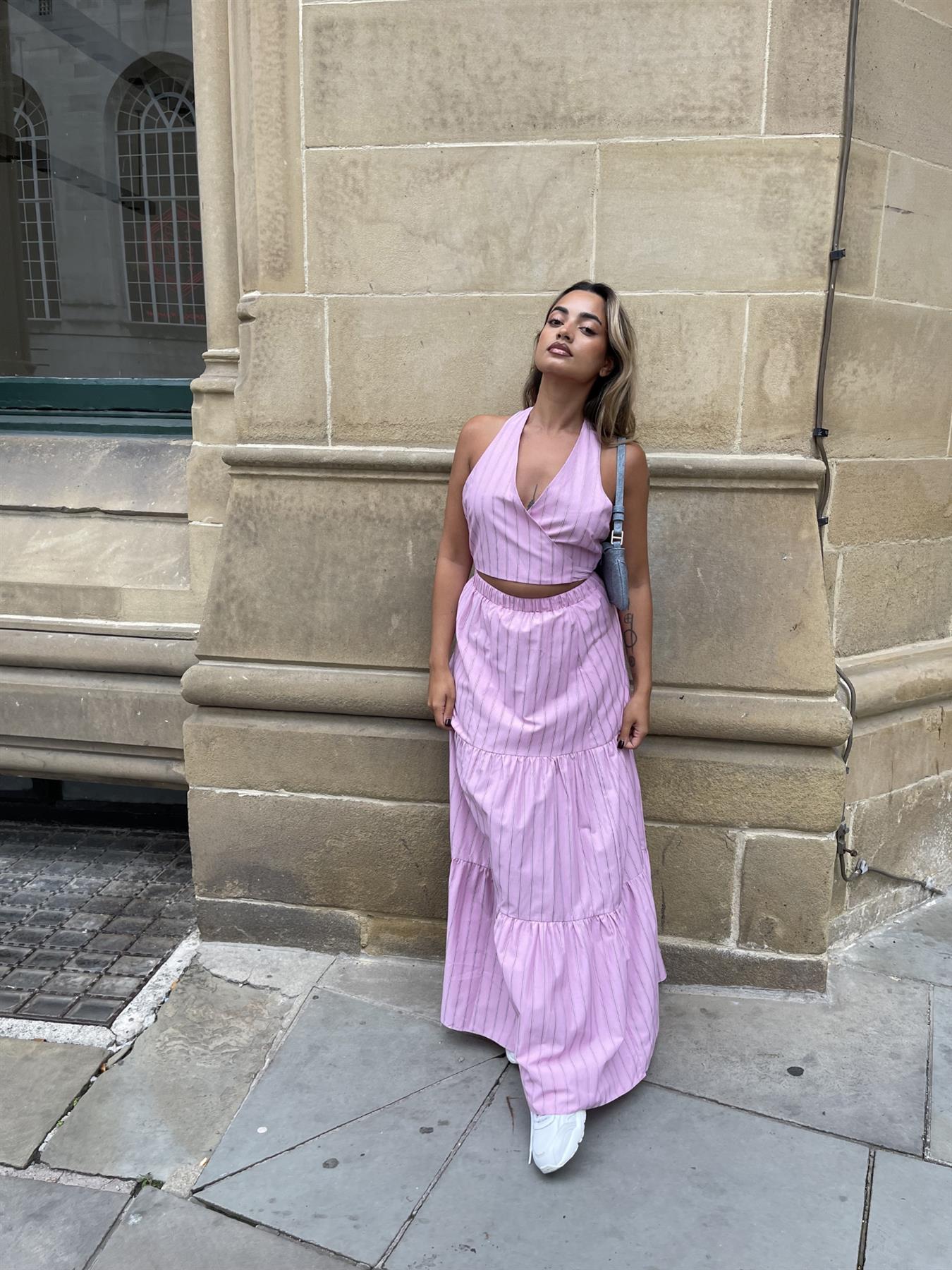 Pink Vertical-Stripe Wrap Halterneck Crop-Top