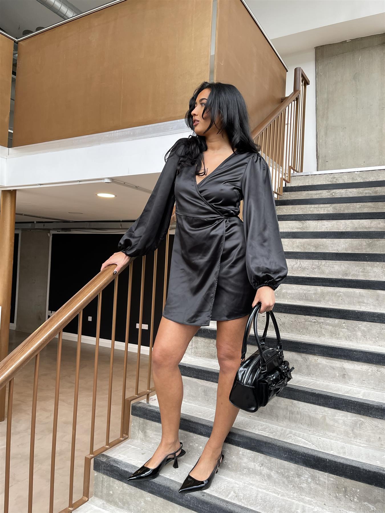 Black Satin Wrap Mini-Dress