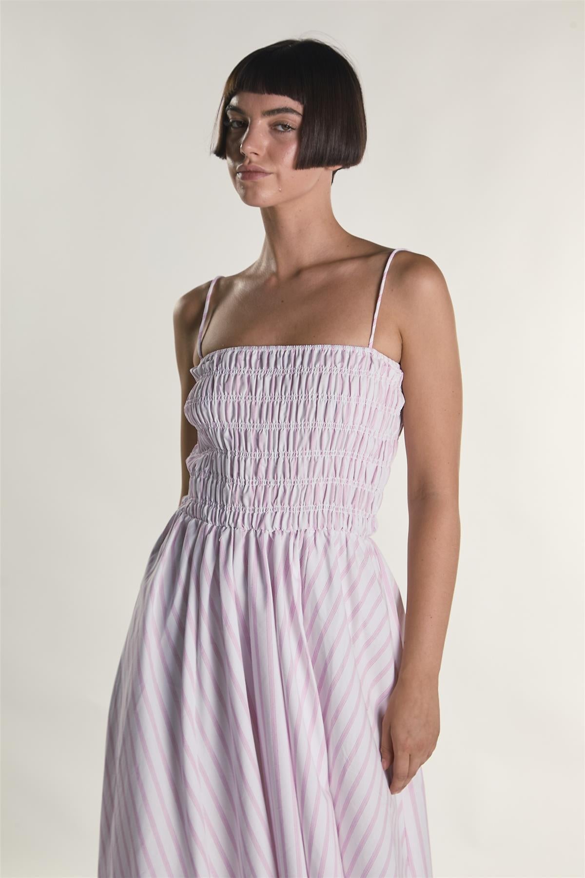 White Pink Stripe Strappy Shirring Maxi Dress
