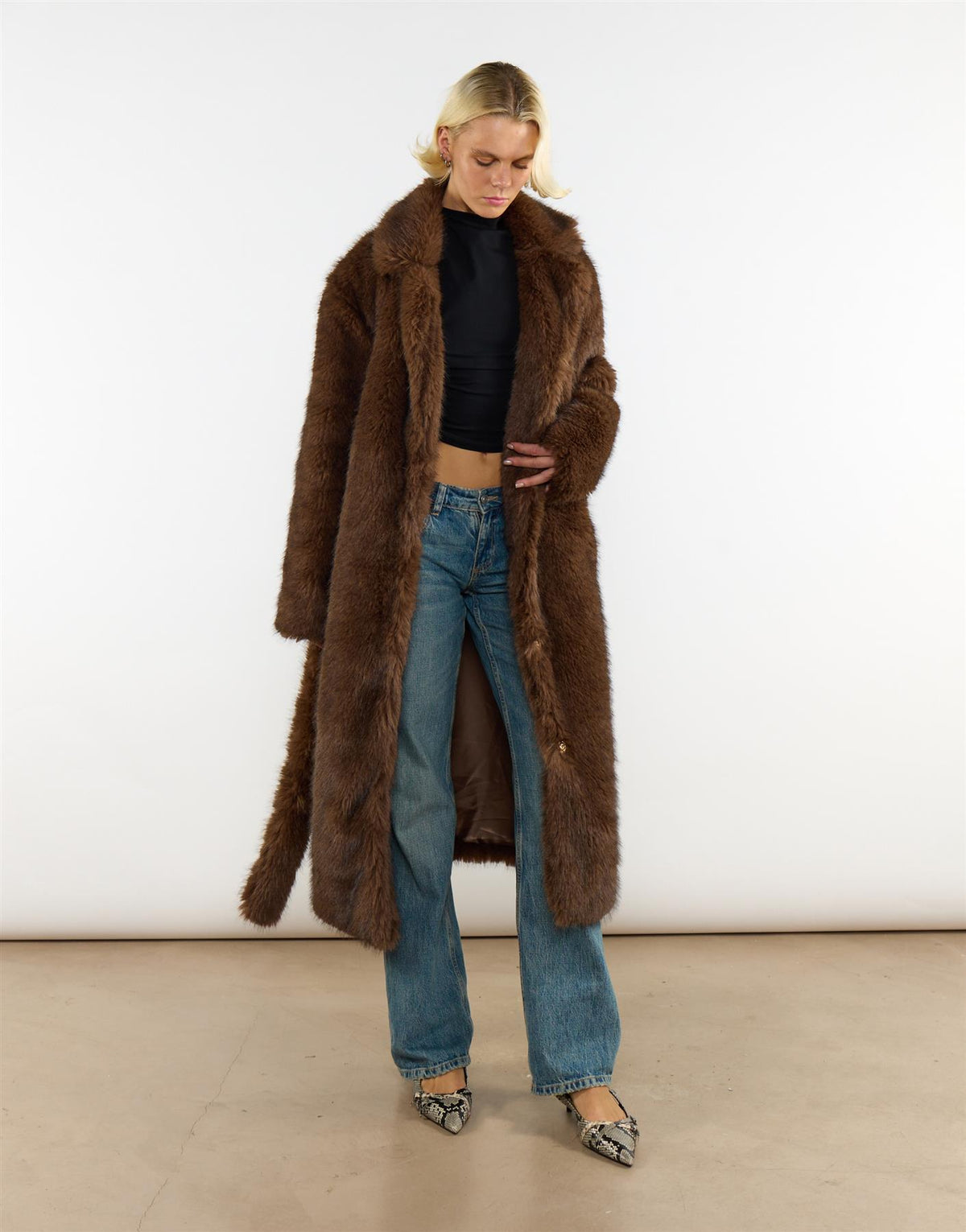 Belted Faux Fur Longline Coat in Brown