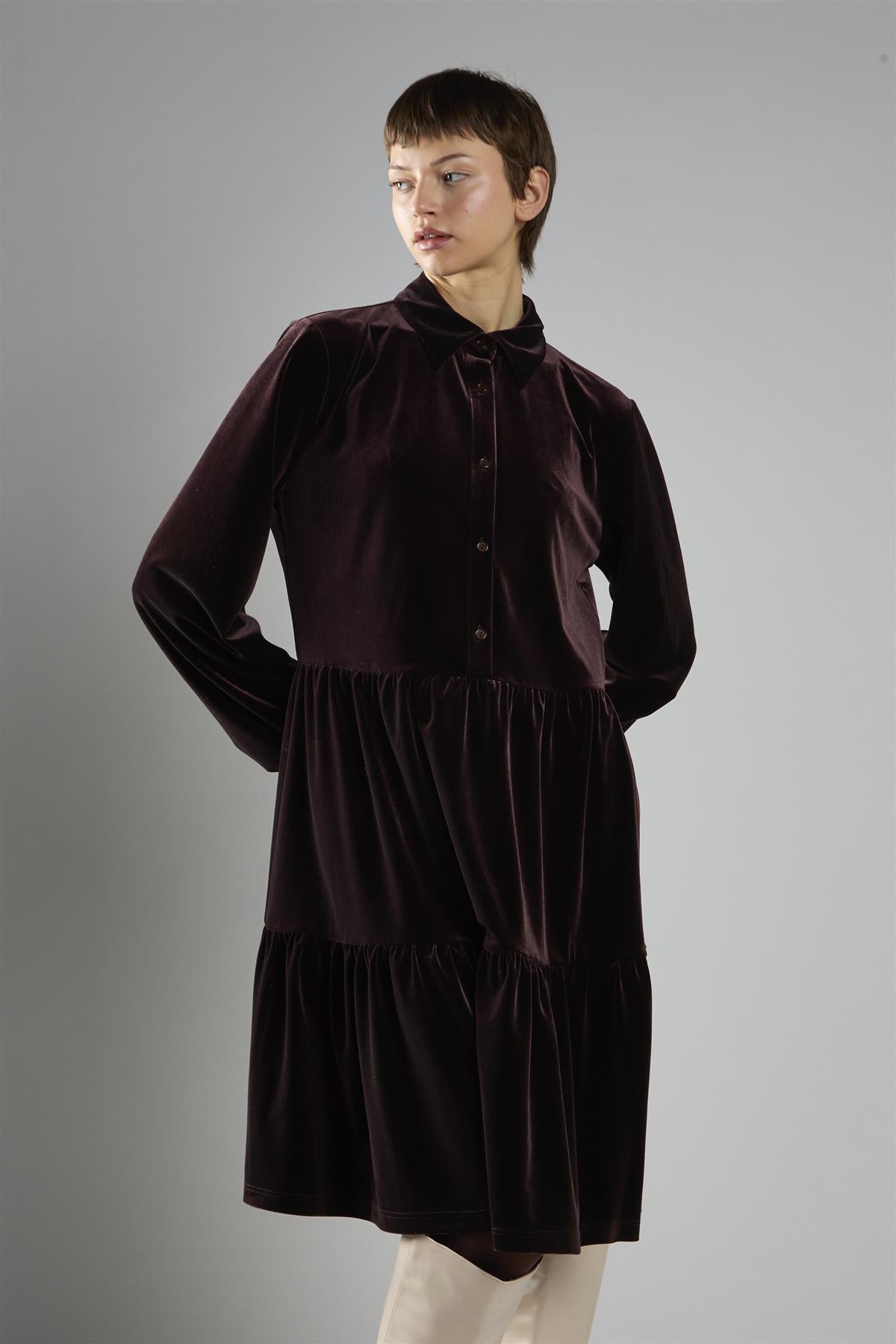 Brown Velvet A-Line Long Sleeve Midi Dress
