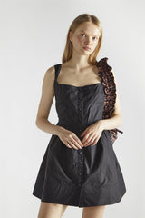Black Button Front Pleated Mini-Dress