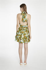 Large-Brown-Green-Floral Crossover-Halter-Neck-Rara- Mini-Dress