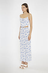 Blue-Dot Vintage-Floral Bias-Cut Midi-Skir
