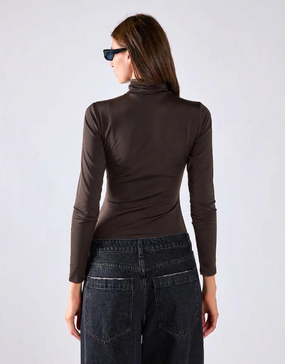 Deep Brown High-Neck Long Sleeves Bodysuit