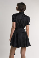 Black-Sateen Crossover-Tie Mini-Dress