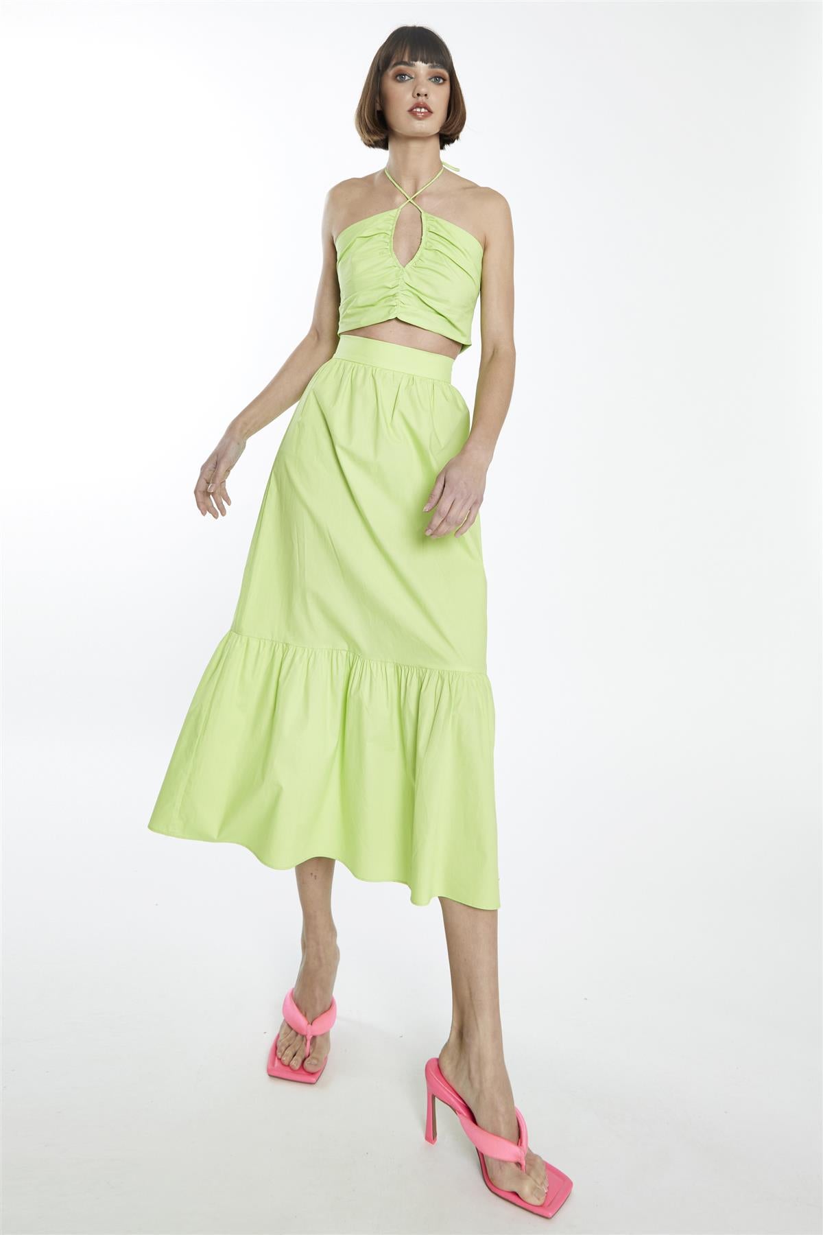 Fresh-Green Yoke-Waist Midi-Skirt