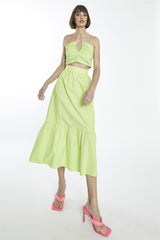Fresh-Green Yoke-Waist Midi-Skirt