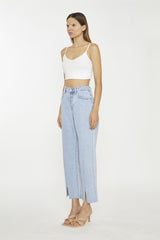 Bleach-Stonewash Front-Slit High-Waisted-Jeans