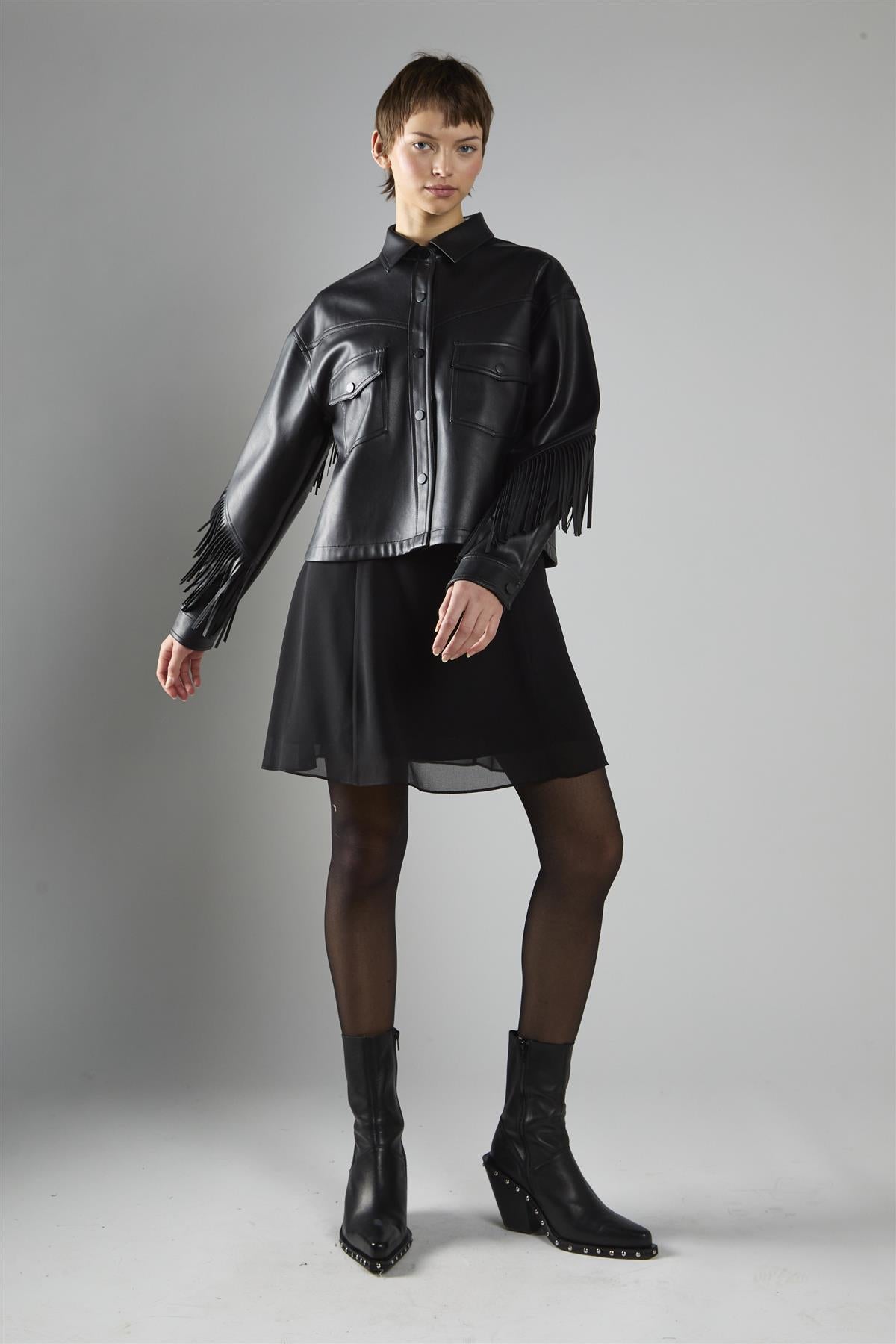 Black Pu Asymmetric Fringe Button-front Jacket