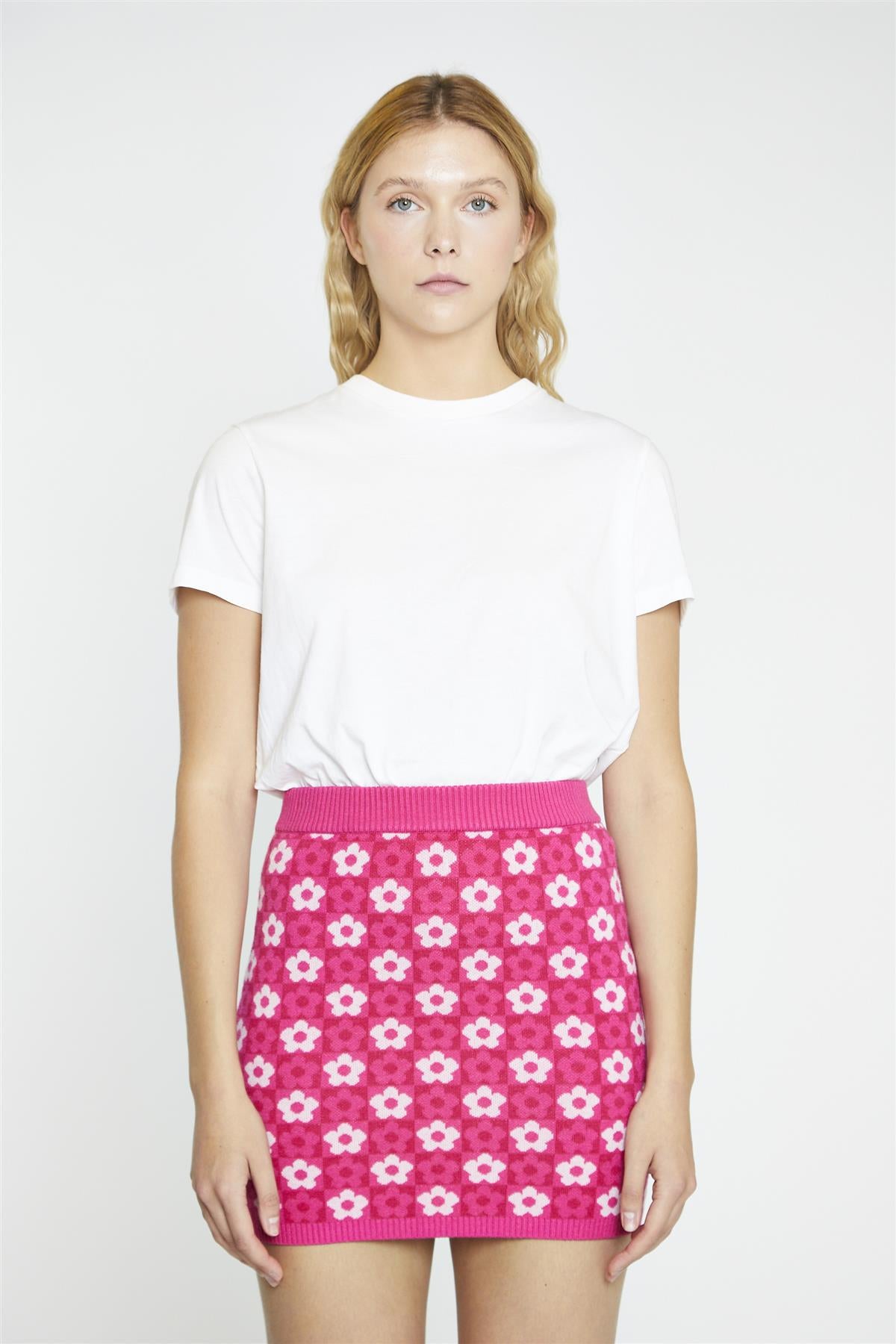 Pink Flower Check Bodycon Mini-Skirt