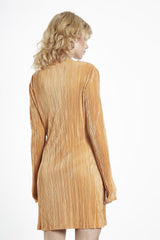 Apricot Tan Plisse Long Sleeve Shift Dress