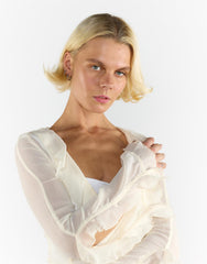 V Neck Sheer Frill Blouse in Cream