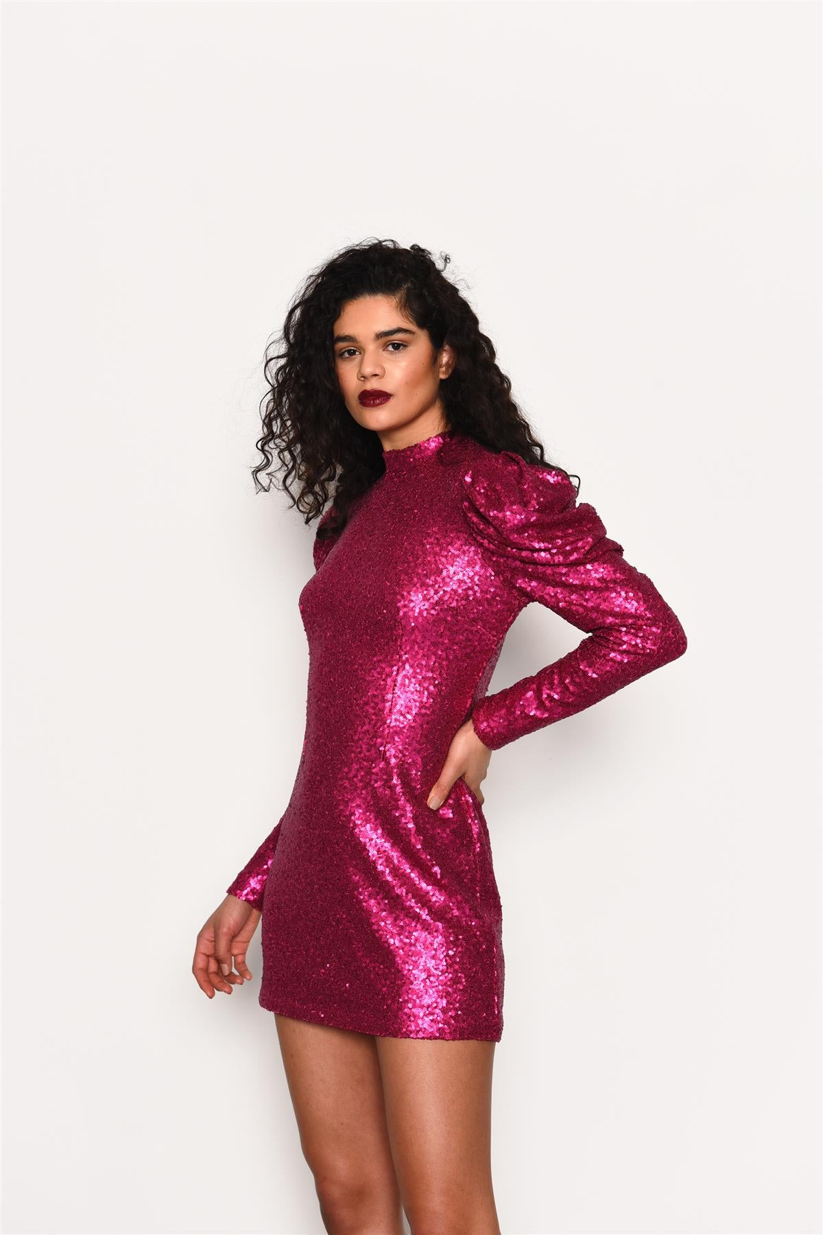 Pink Sequin Puff Sleeve Mini Dress