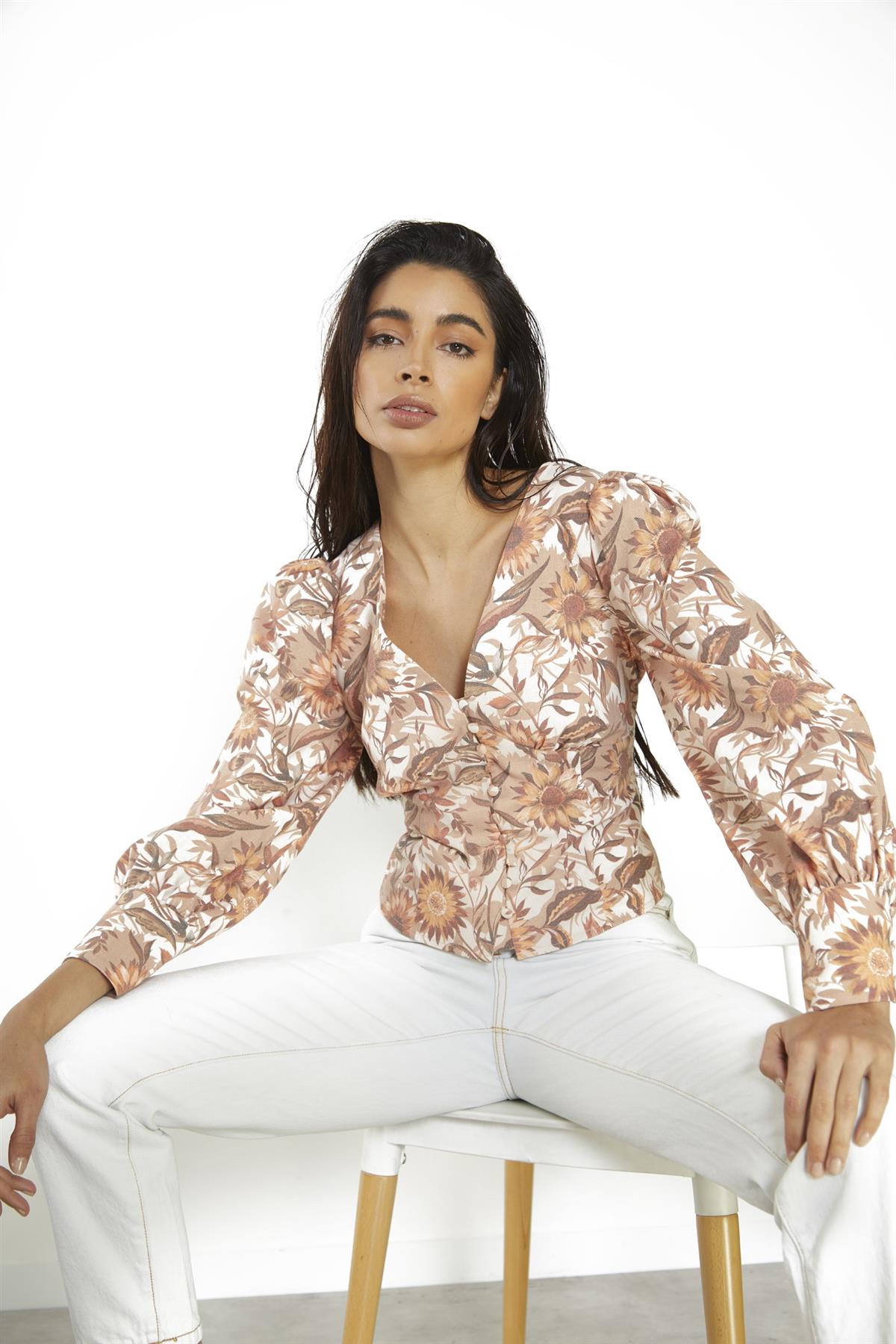 Multi-Sunflower V-Neck Button Up-Top