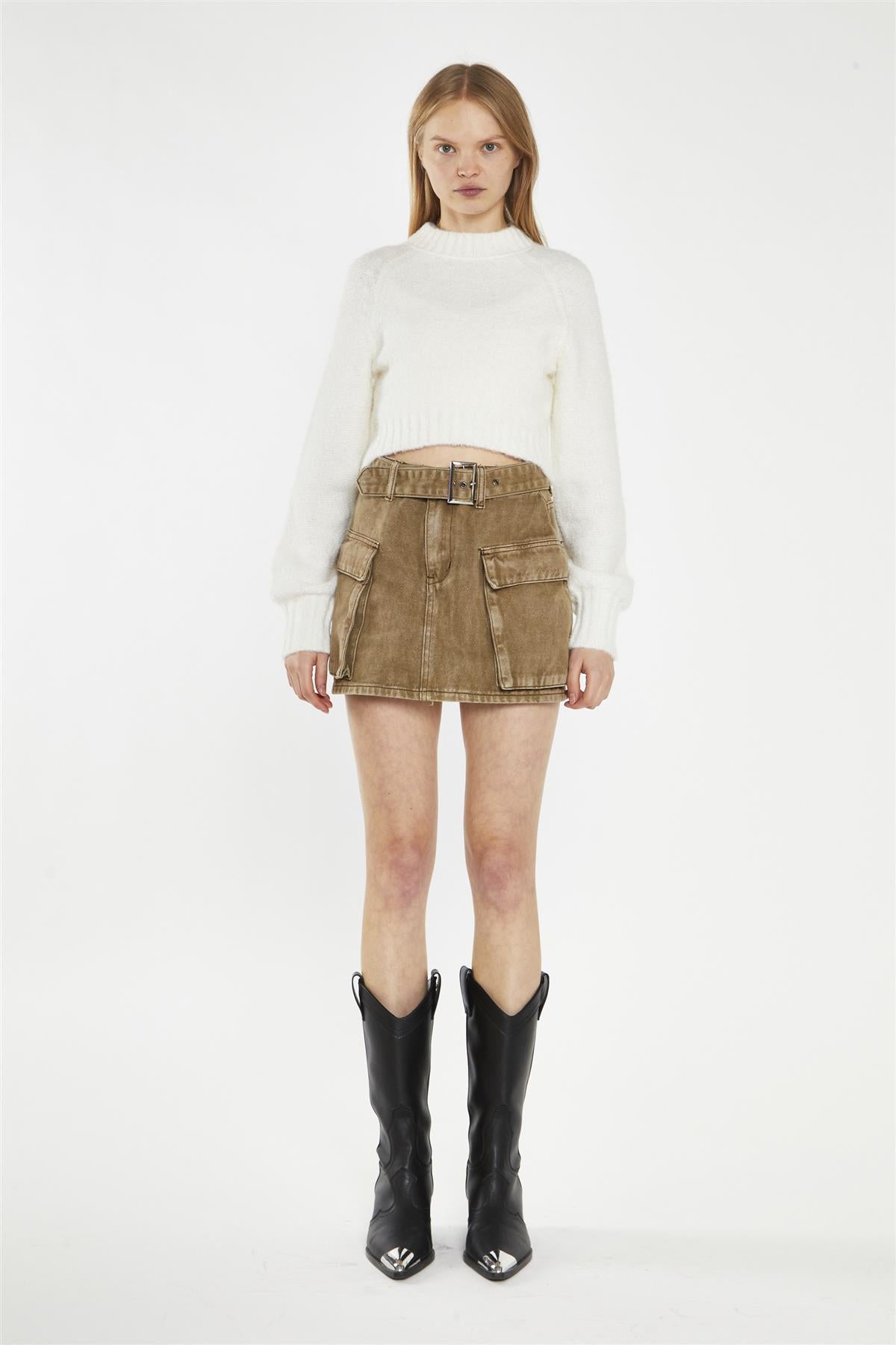 Denim Combat Mini Skirt - Light Brown Wash