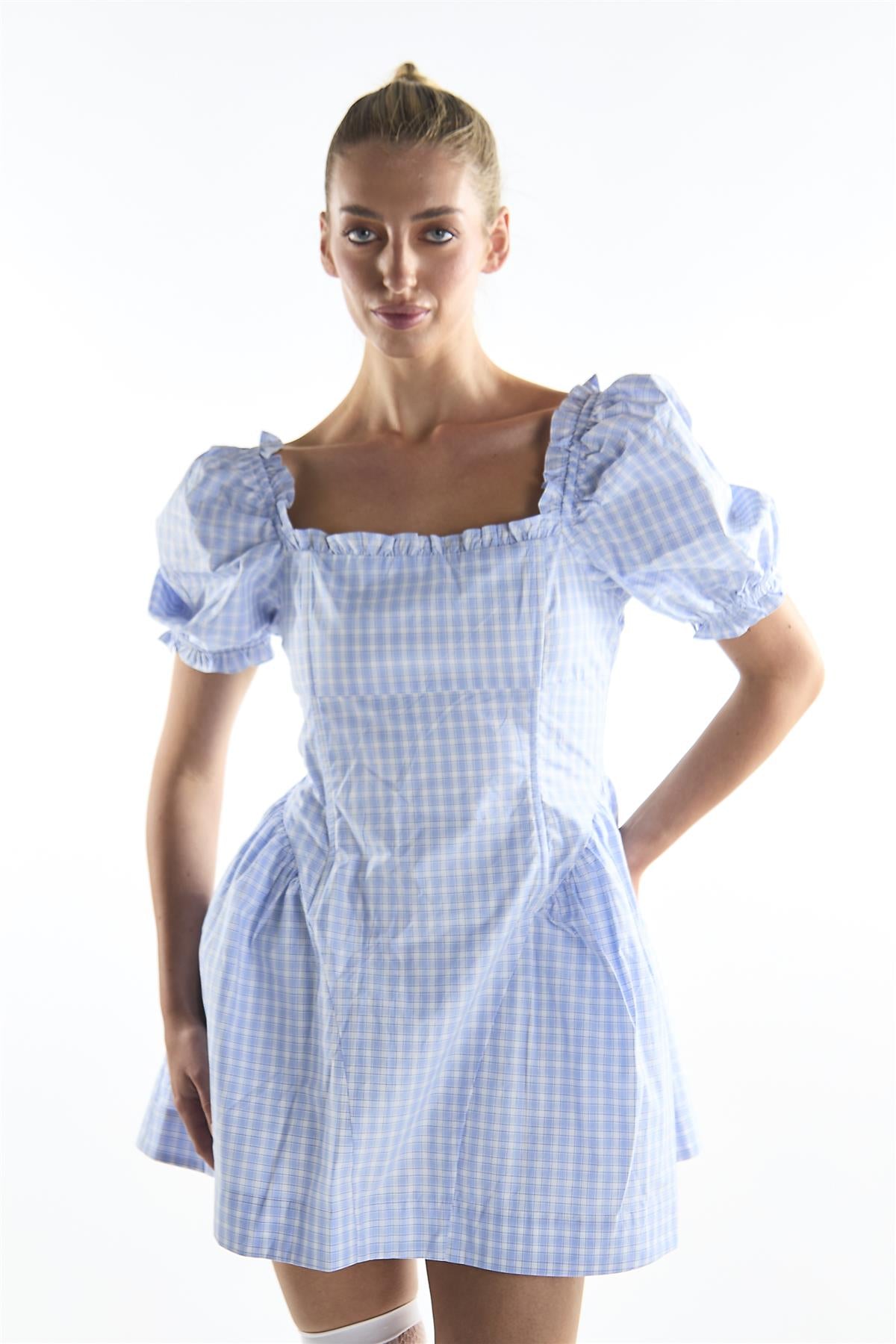 Blue Grid Check Puff Sleeve Mini Dress