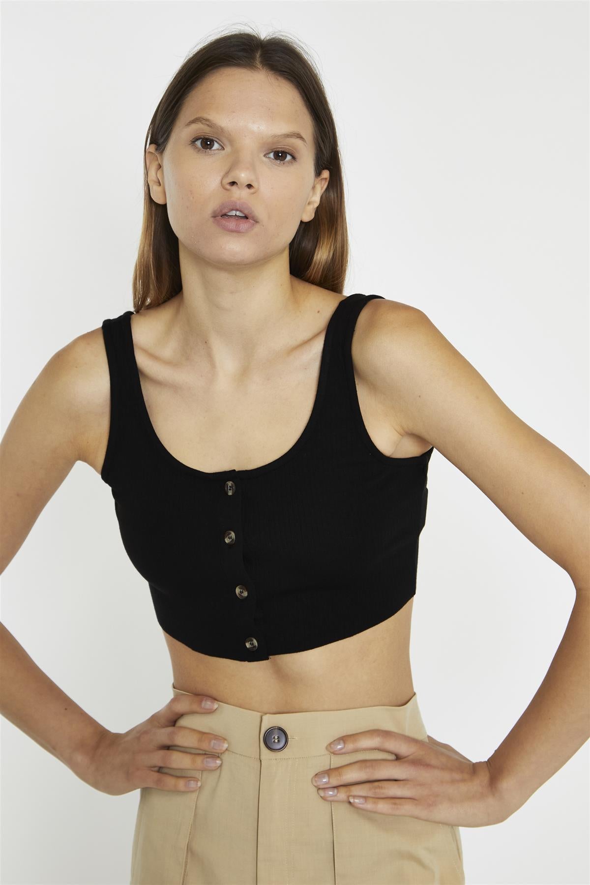 Black Button-Front Crop-Top