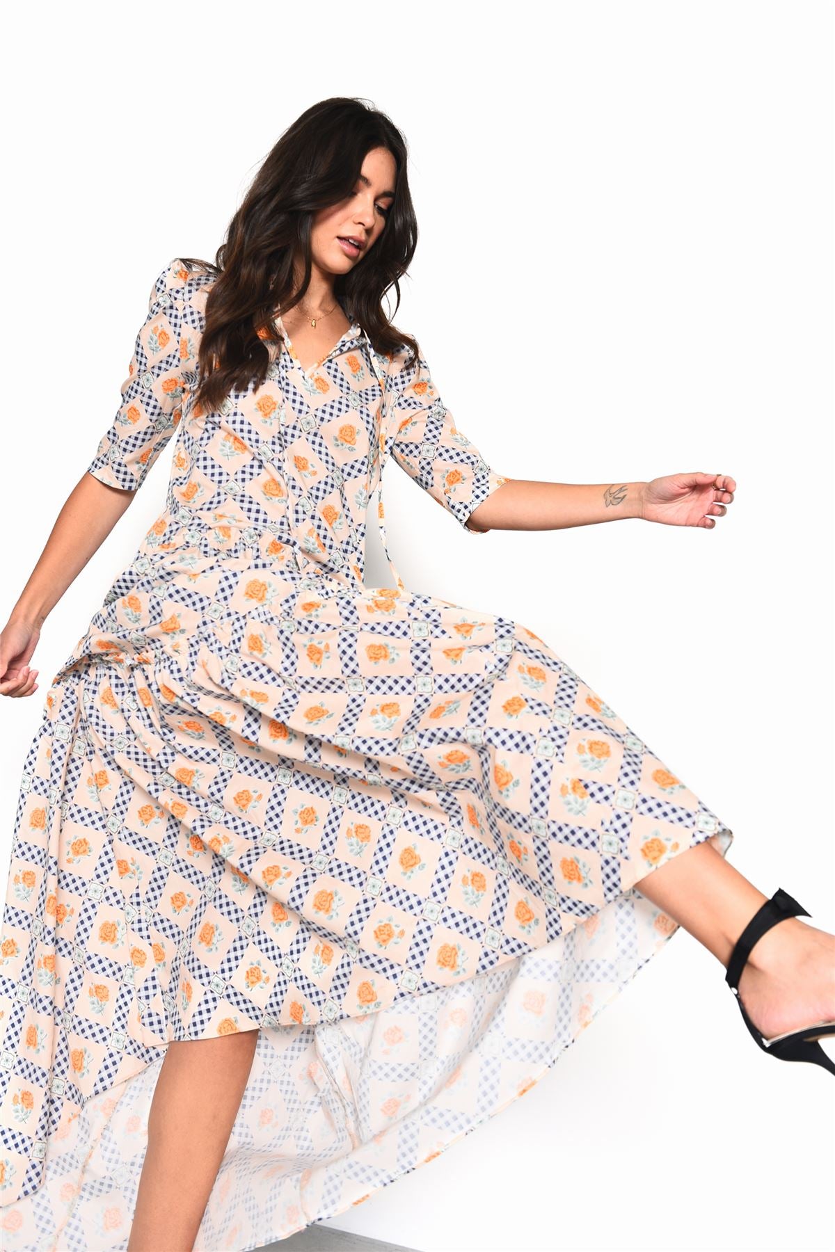 Floral Cottage Gingham Tiered Maxi Dress with Frill Neck