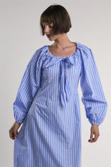 Light-Blue-Pink-Stripe Gathered-Neck Midi-Dress