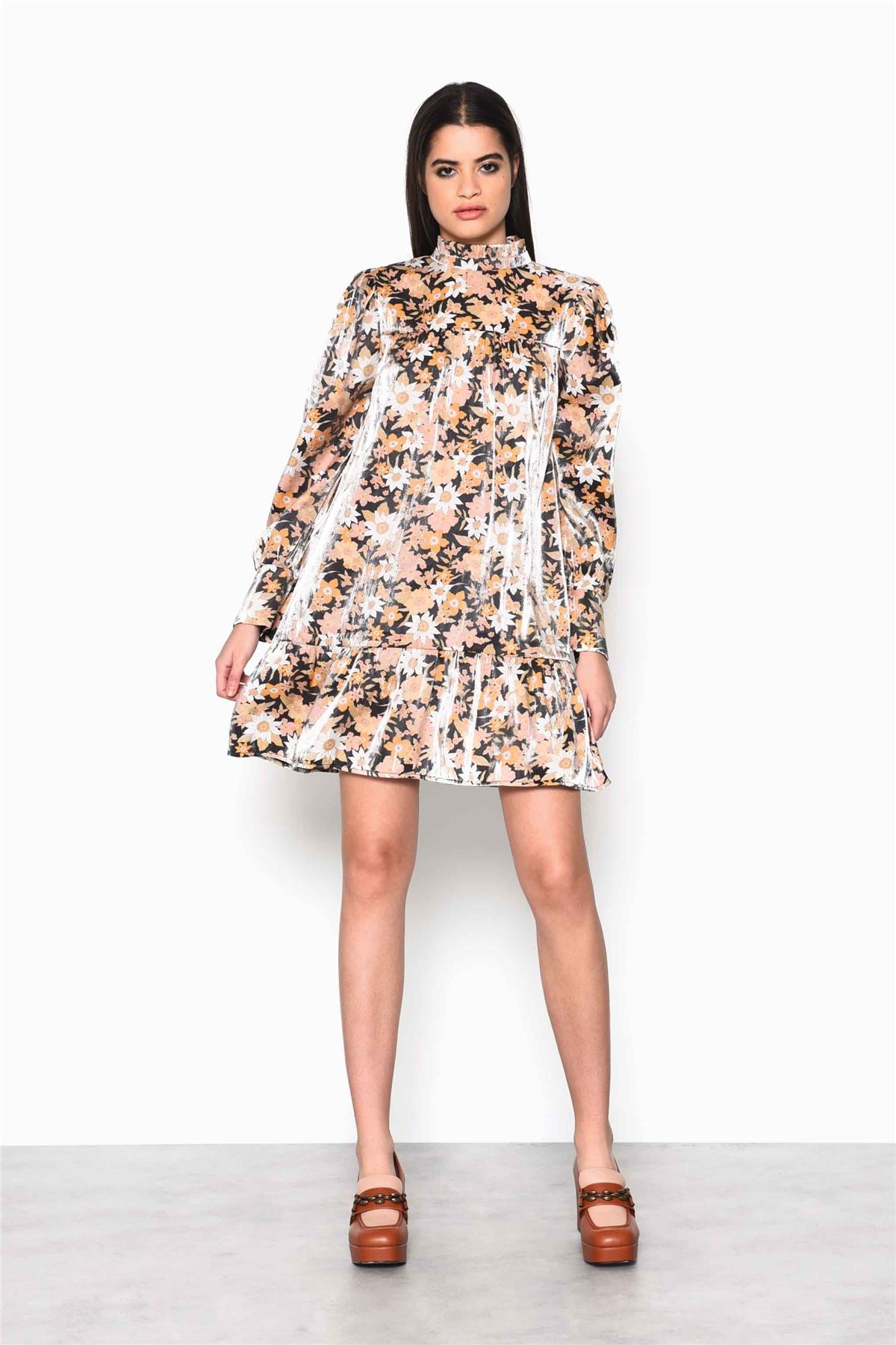 Black Gold Multi Floral High Neck Mini Dress with Gathered Tiers and Sleeves
