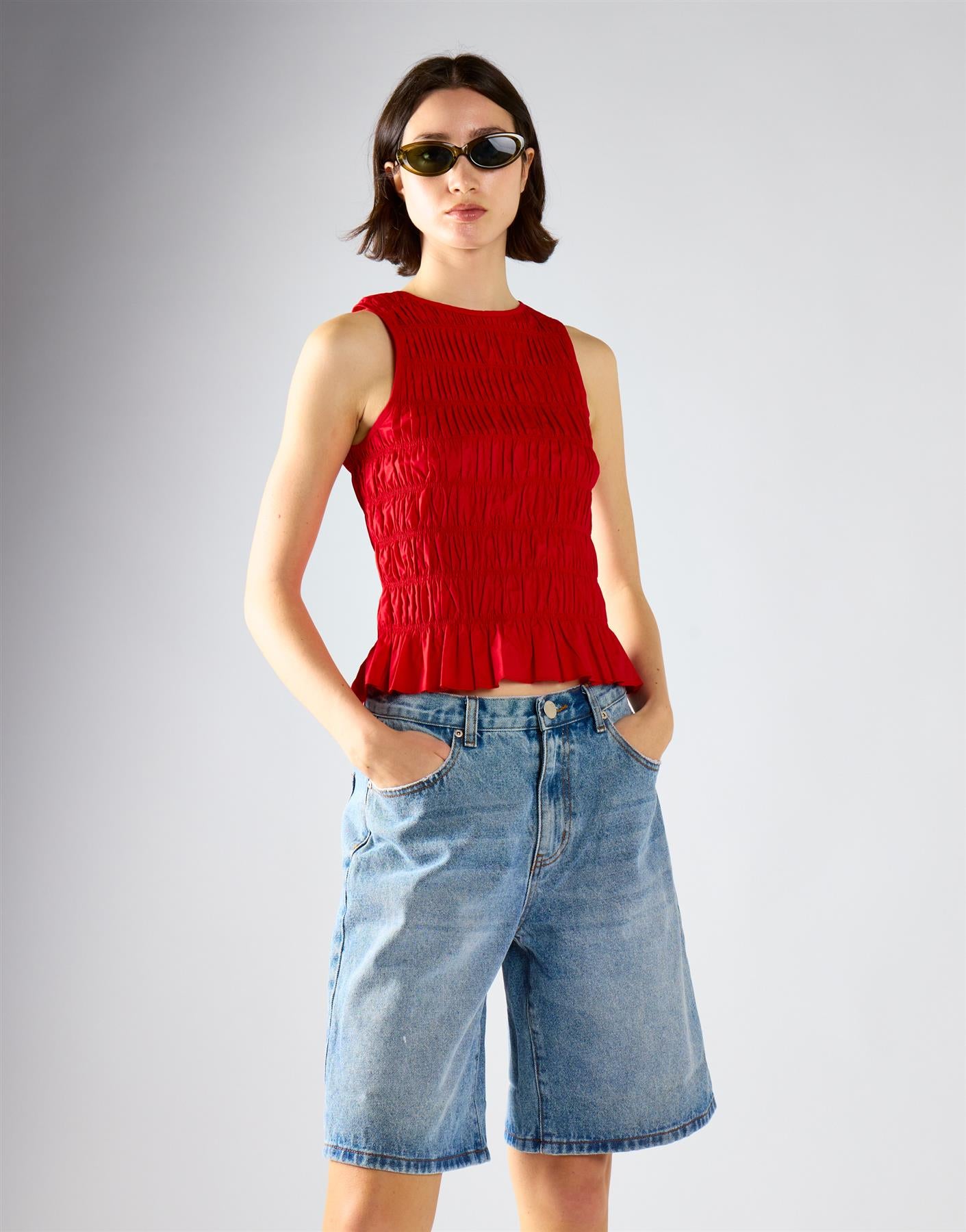 Red Shirring Vest Top