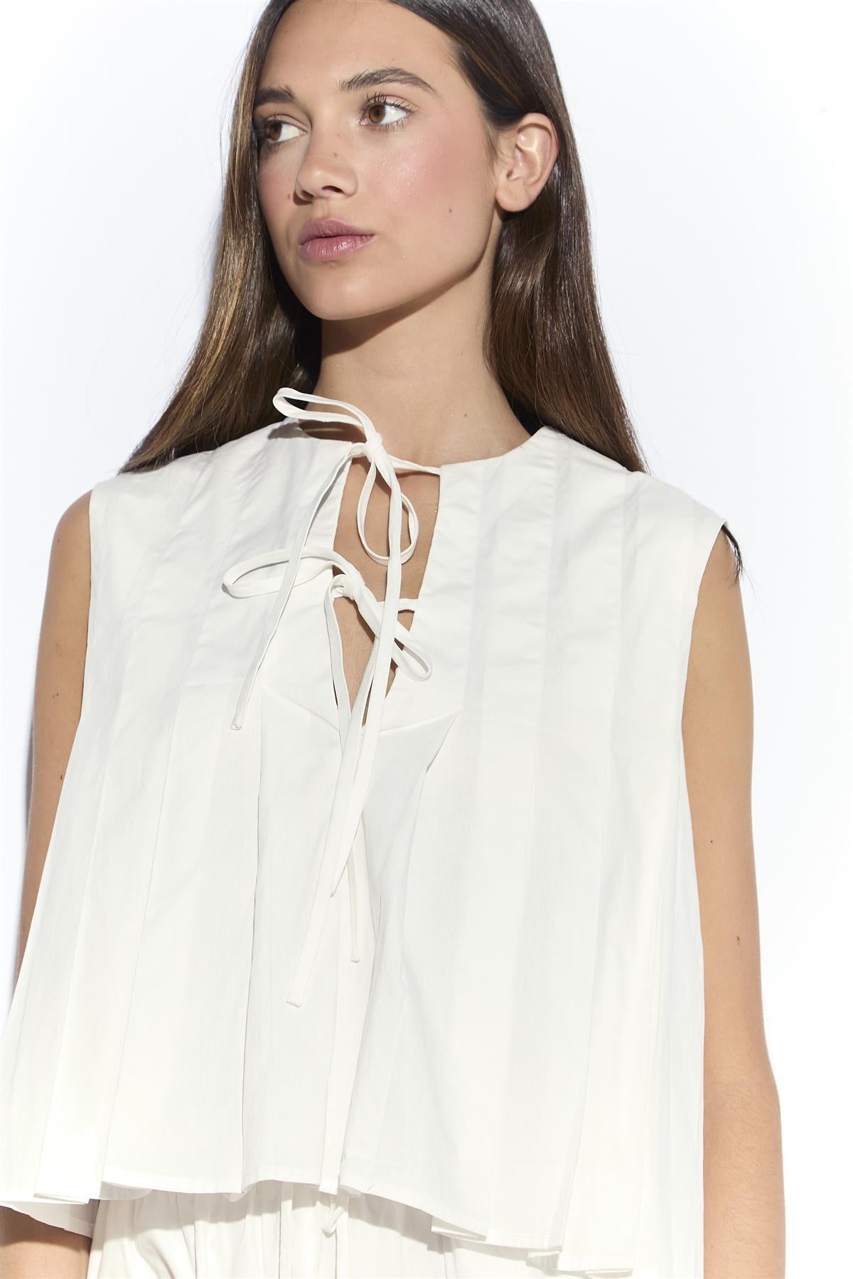 White Pleated Tie Front Blouse