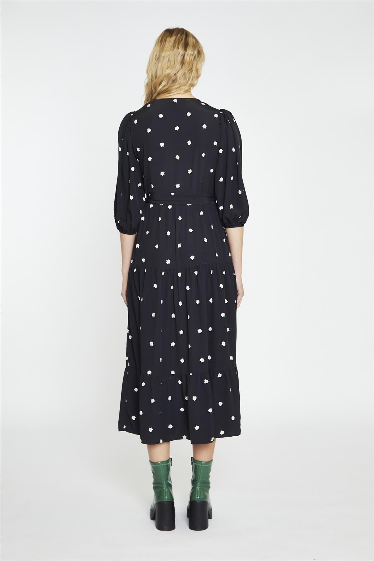 Black Daisy V-Neck Wrap Midi-Dress