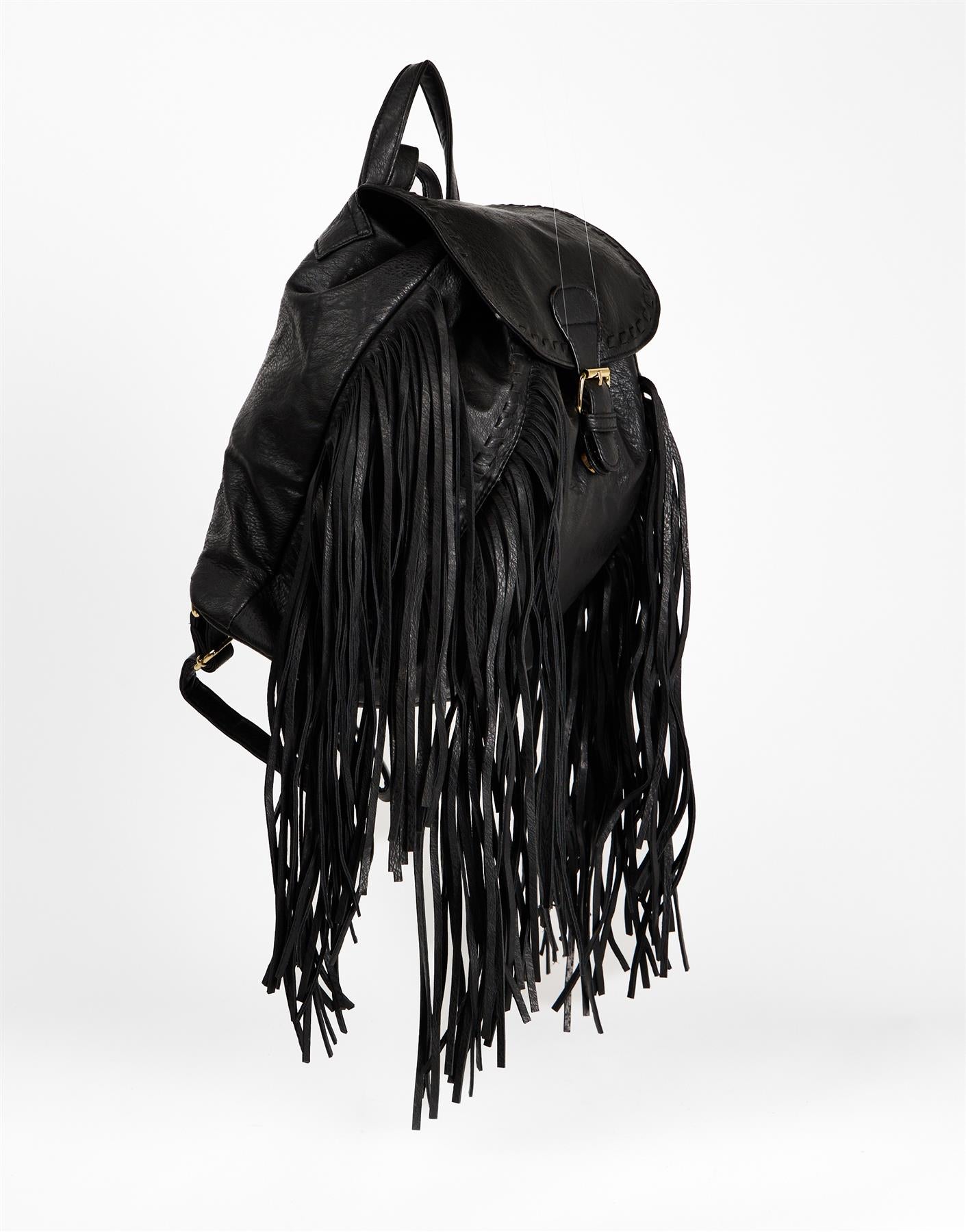 Black Boho Fringe Backpack