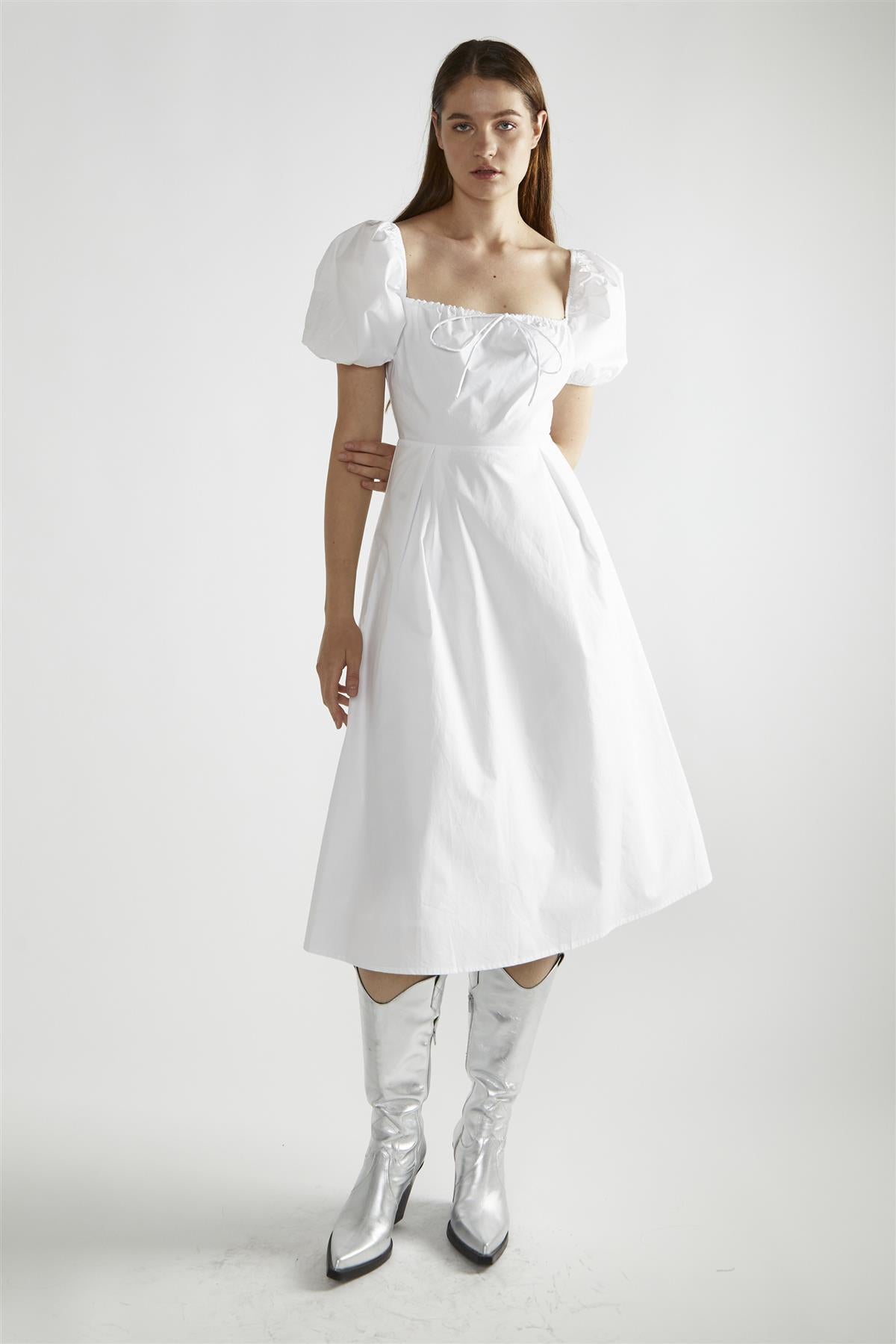 White Square-Neck Midi-Dress