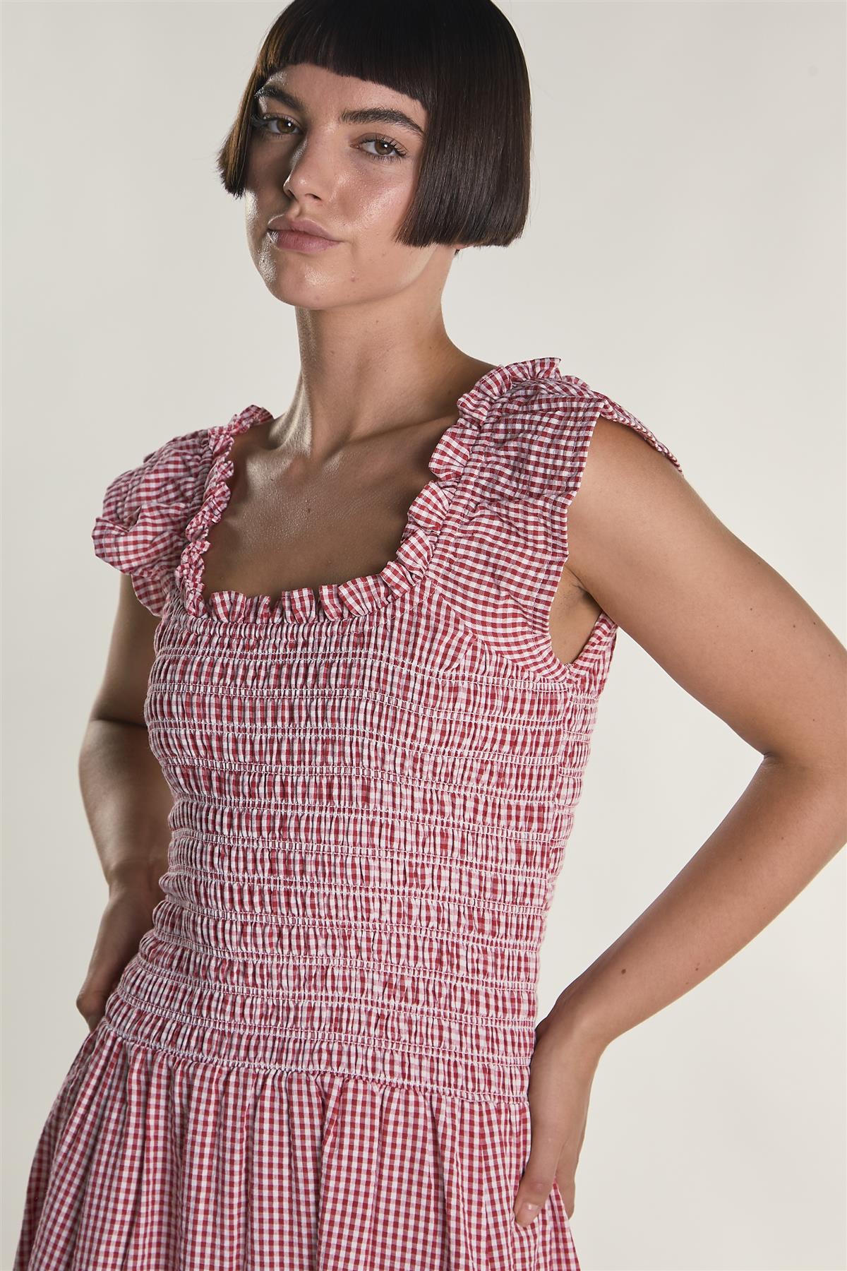 Red Gingham Frill Sleeve Maxi Dress