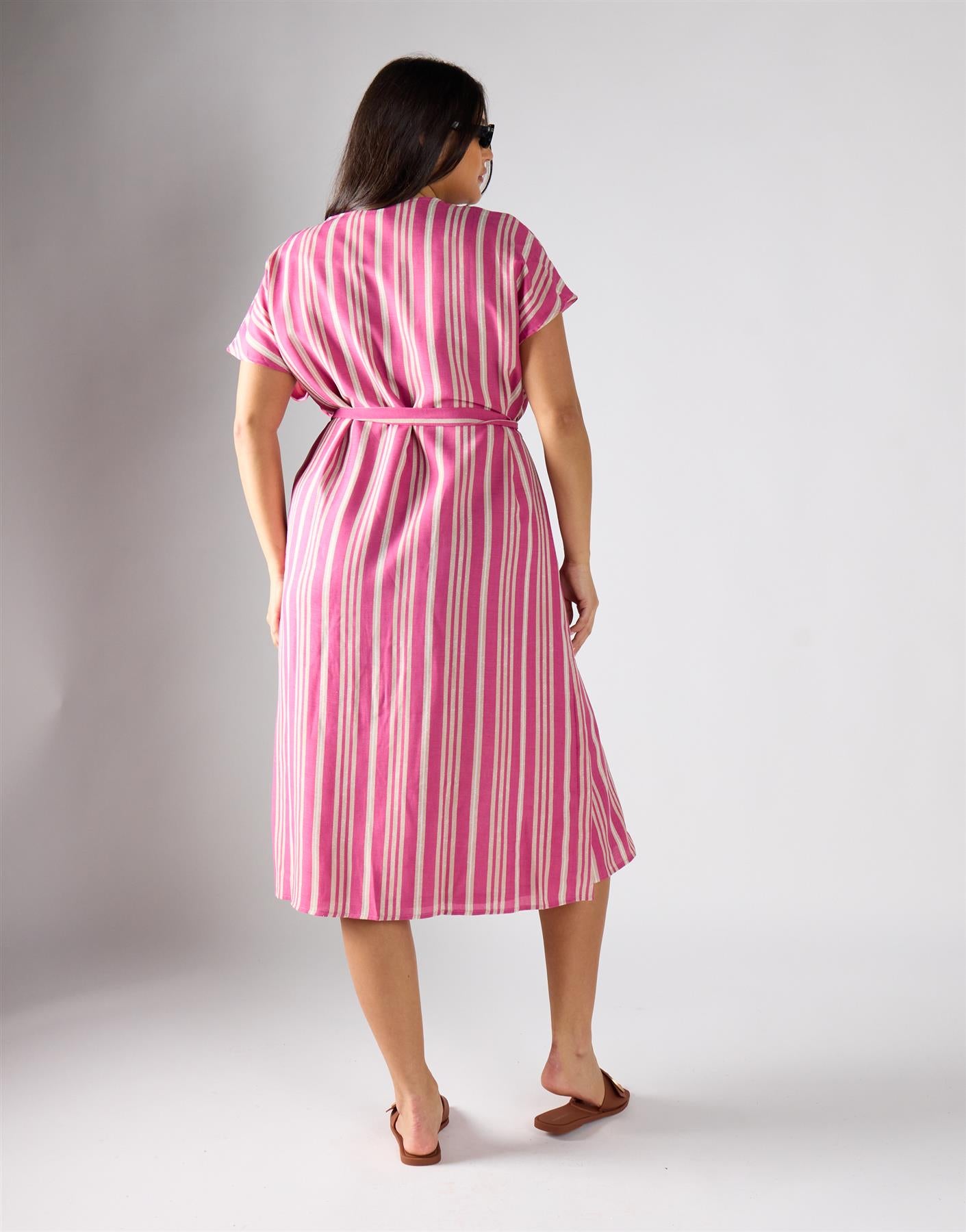 Pink Varied Stripe Wrap Button Front Midi Dress