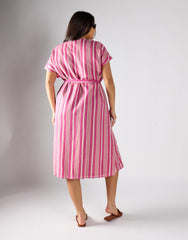 Pink Varied Stripe Wrap Button Front Midi Dress