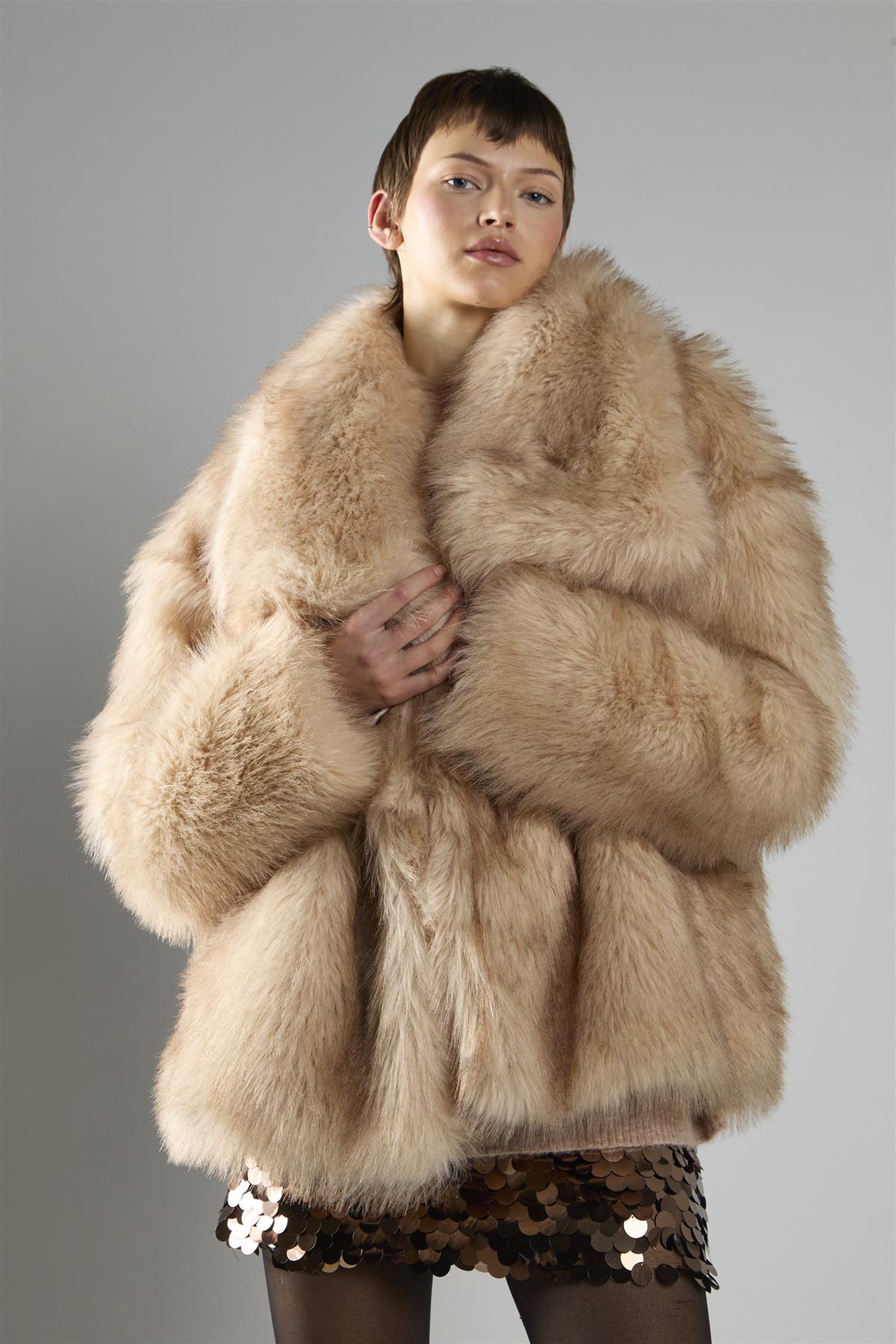Light Sand Oversize Faux Fur Long Sleeve Coat