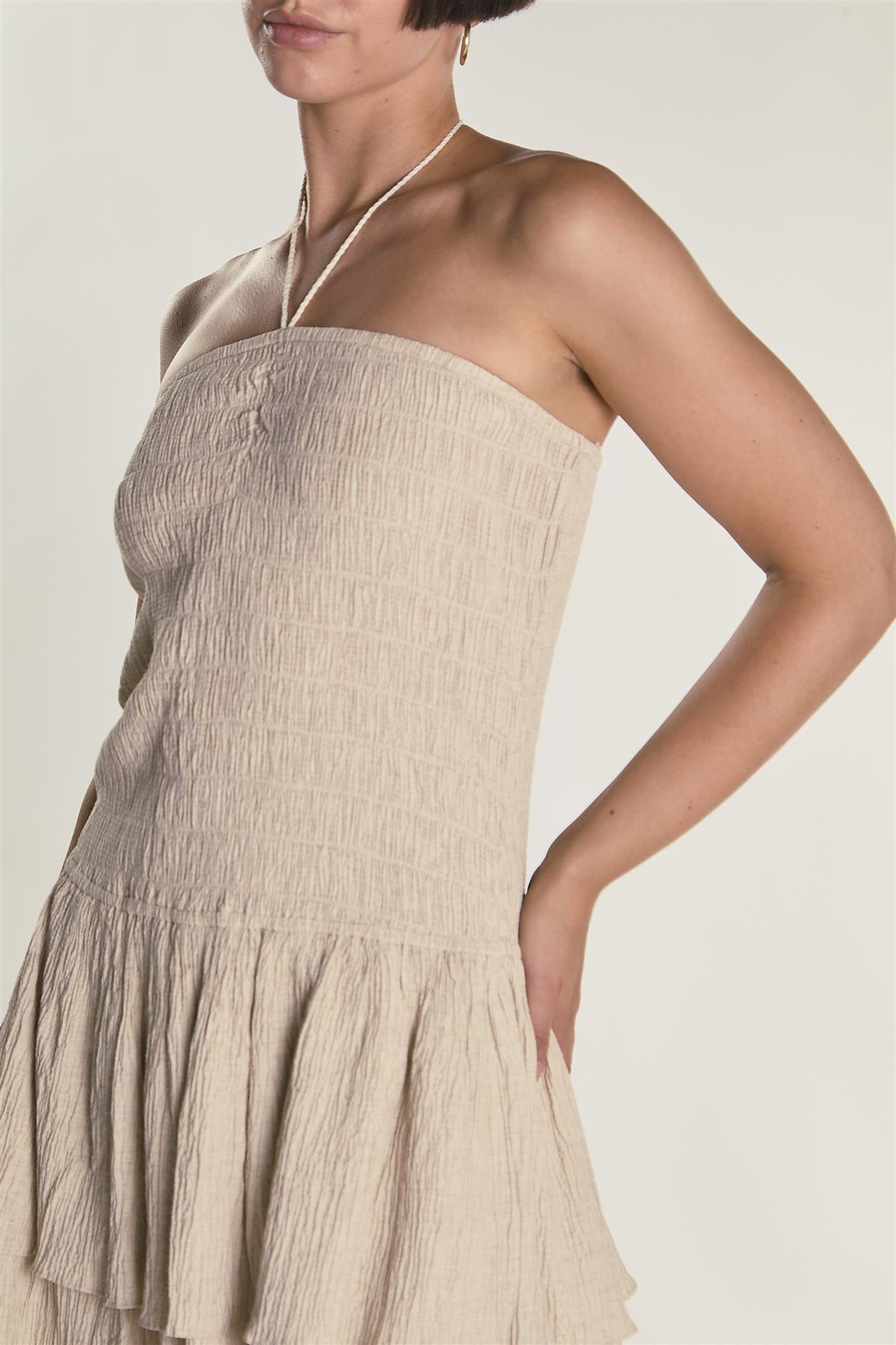 Stone Textured Halter Frill Mini Dress