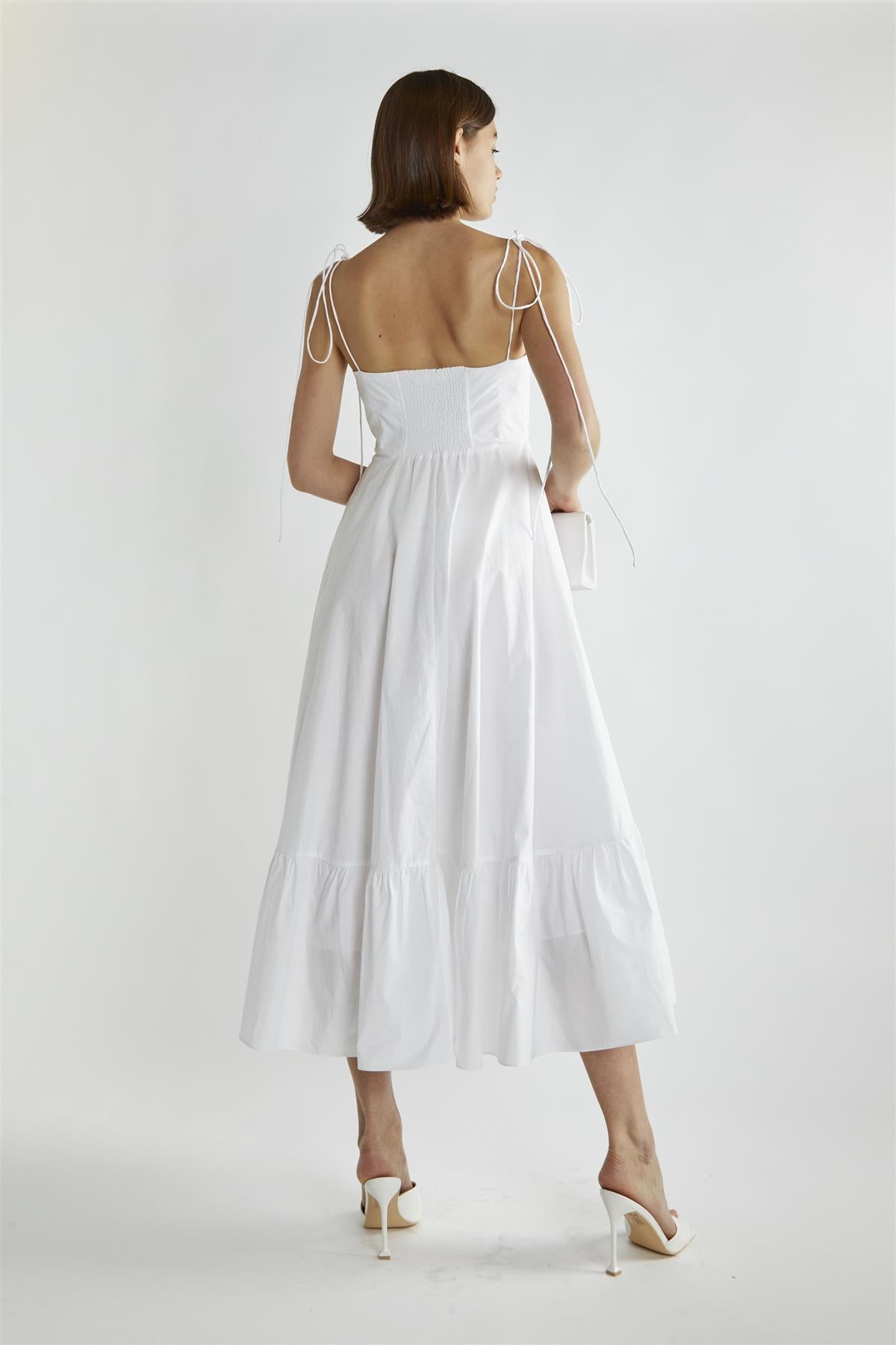 White Scoop-Neck Midi-Dresses