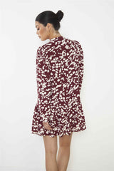 Burgundy Cream Abstract Mini Dress with Ruffle Hem and Long Sleeves