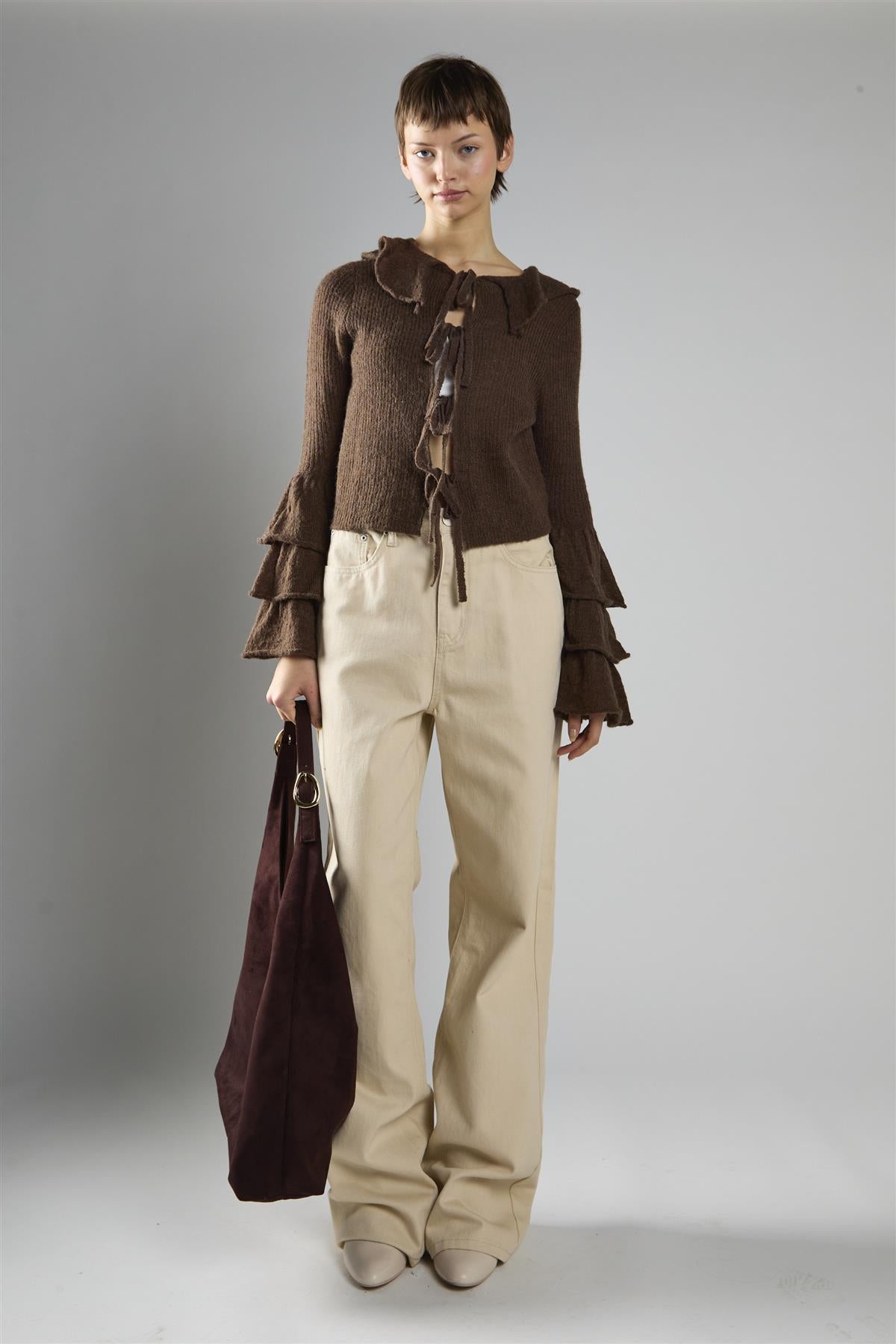 Dark Brown Ruffle Front Tie Long Sleeve Top