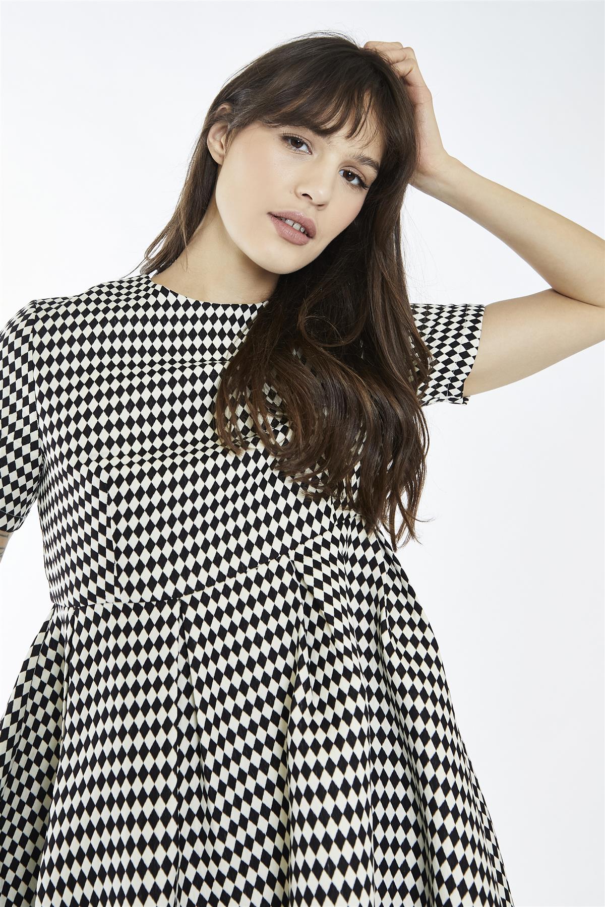Black-White Diamond Crew-Neck Skater Mini-Dress