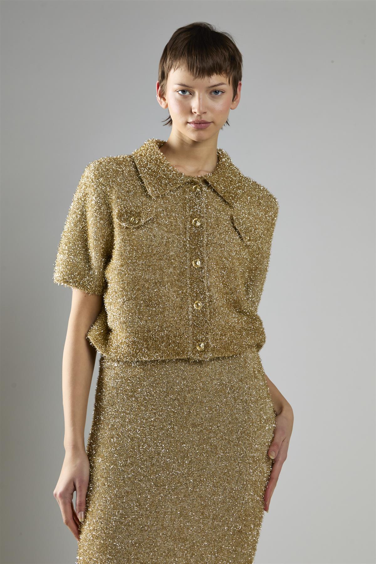 Gold Tinsel Button-Front Collar Short Sleeve Top