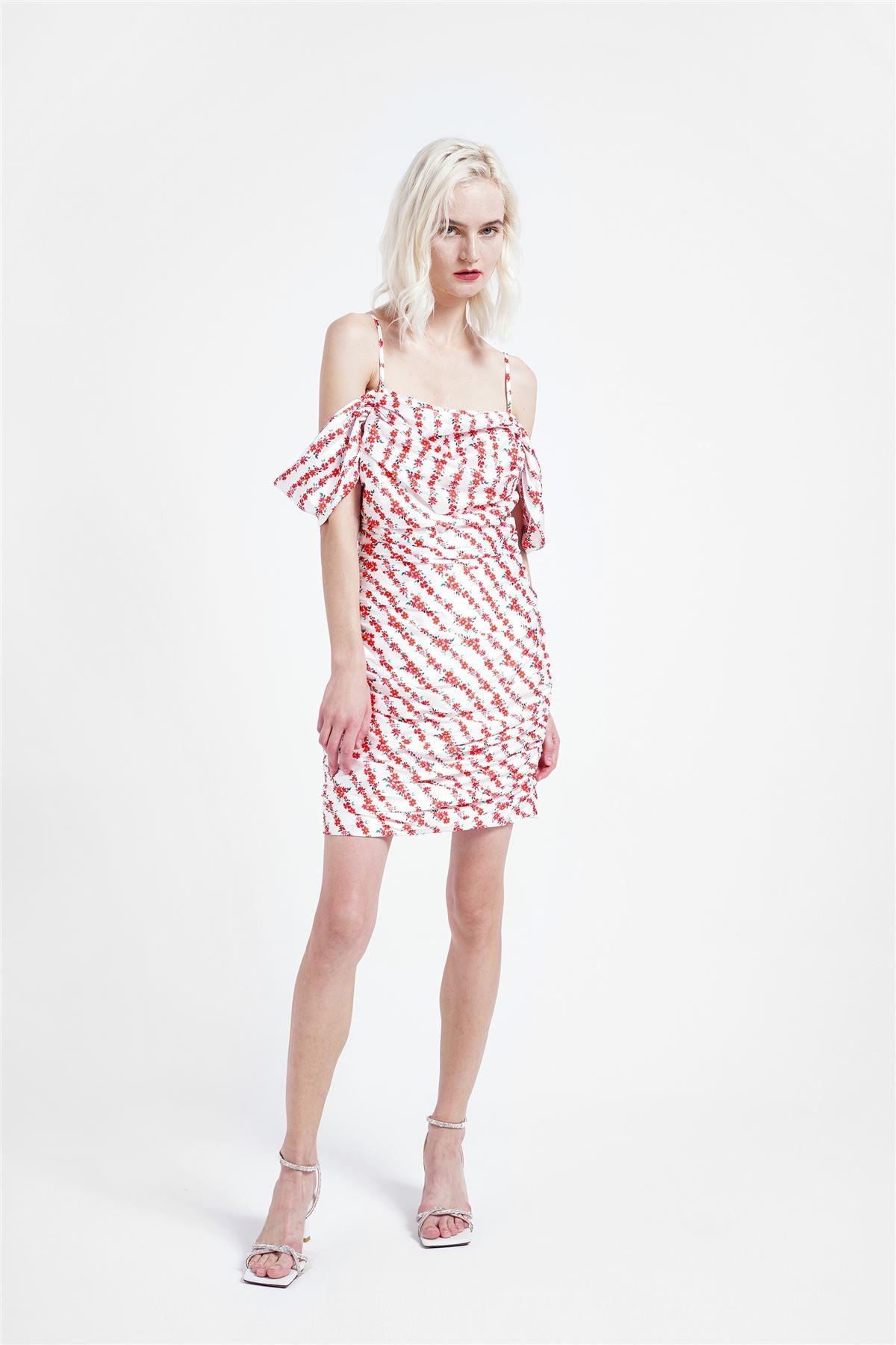 White-Diagonal-Floral Bardot Mini-Dress